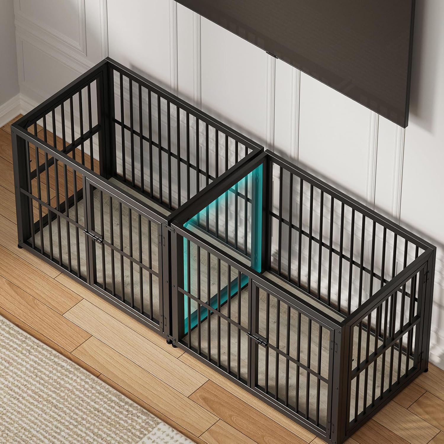 Lyromix 66'' Dog Crate Furniture with Double Rooms,Wooden Crate TV Stand with Removable Divider, Heavy Duty Indoor Puppy Cage Kennel for Small to Medium Dogs, Can Use Separately, Grey