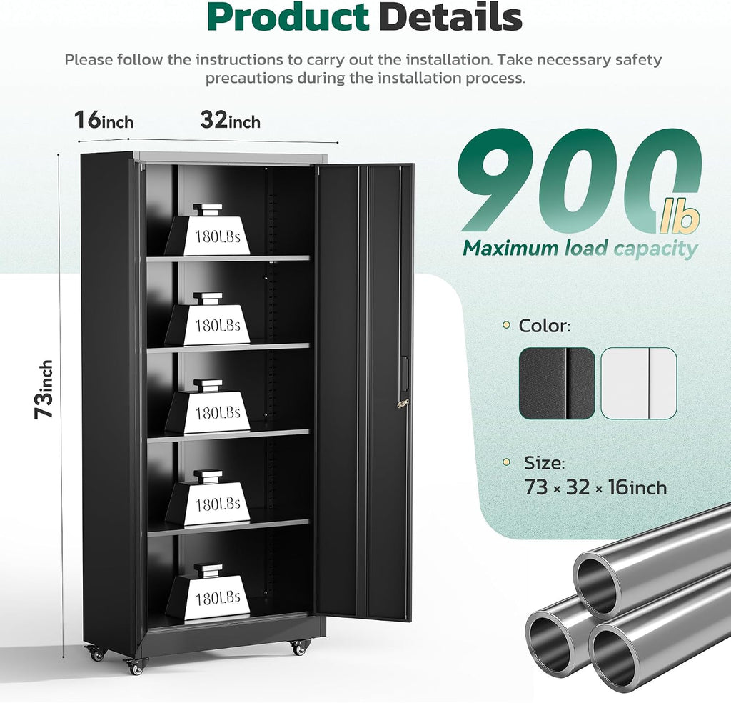Greenvelly 73' Rolling Storage Cabinet,Black Metal Garage Cabinet with Locking Doors and 4 Adjustable Shelves for Home,Kitchen,Office,Warehouse(32' W x 16' D,Wheels)