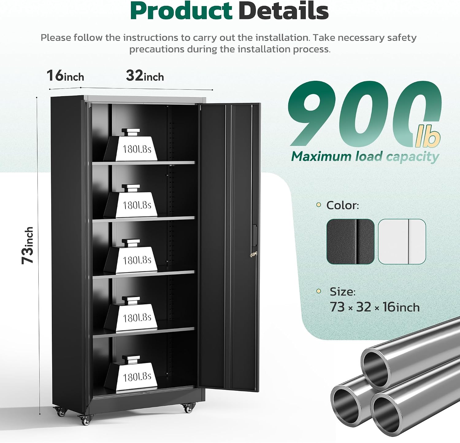 Greenvelly 73' Rolling Storage Cabinet,Black Metal Garage Cabinet with Locking Doors and 4 Adjustable Shelves for Home,Kitchen,Office,Warehouse(32' W x 16' D,Wheels)