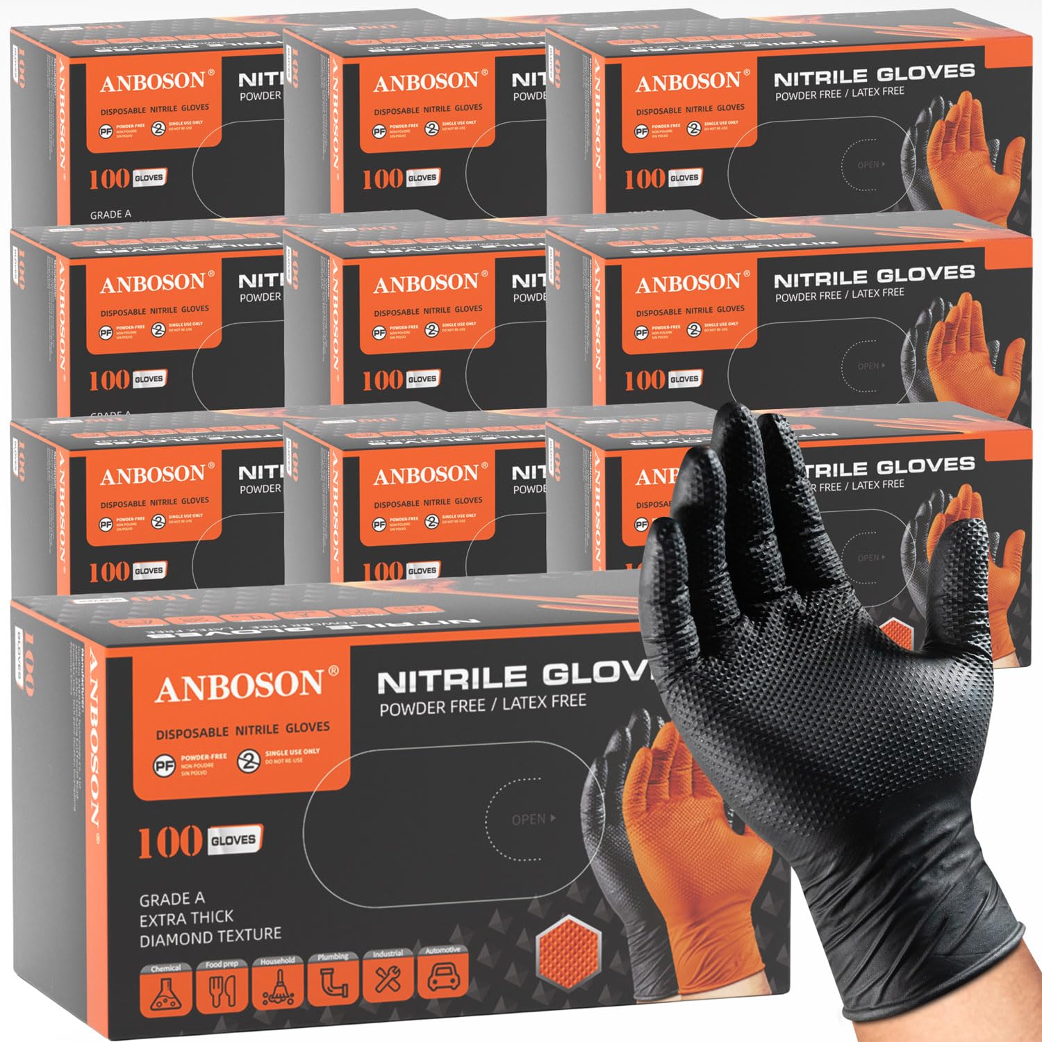 ANBOSON 10mil Nitrile-Gloves Disposable - Chemical-Resistant Rubber - Mechanic Gloves Heavy Duty, Latex Free, Diamond Grip (1000,Black Large)