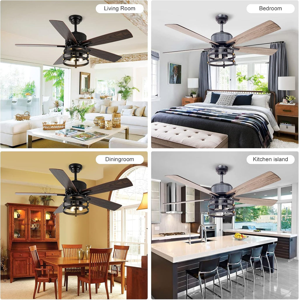 Farmhouse Rustic Ceiling Fan with Lights, 52 Inch Industrial Ceillng Fan Outdoor Ceiling Fan for Patio, Large Airflow Reversible Dual Finish Blades Rustic Fan for Indoor with Timing Function