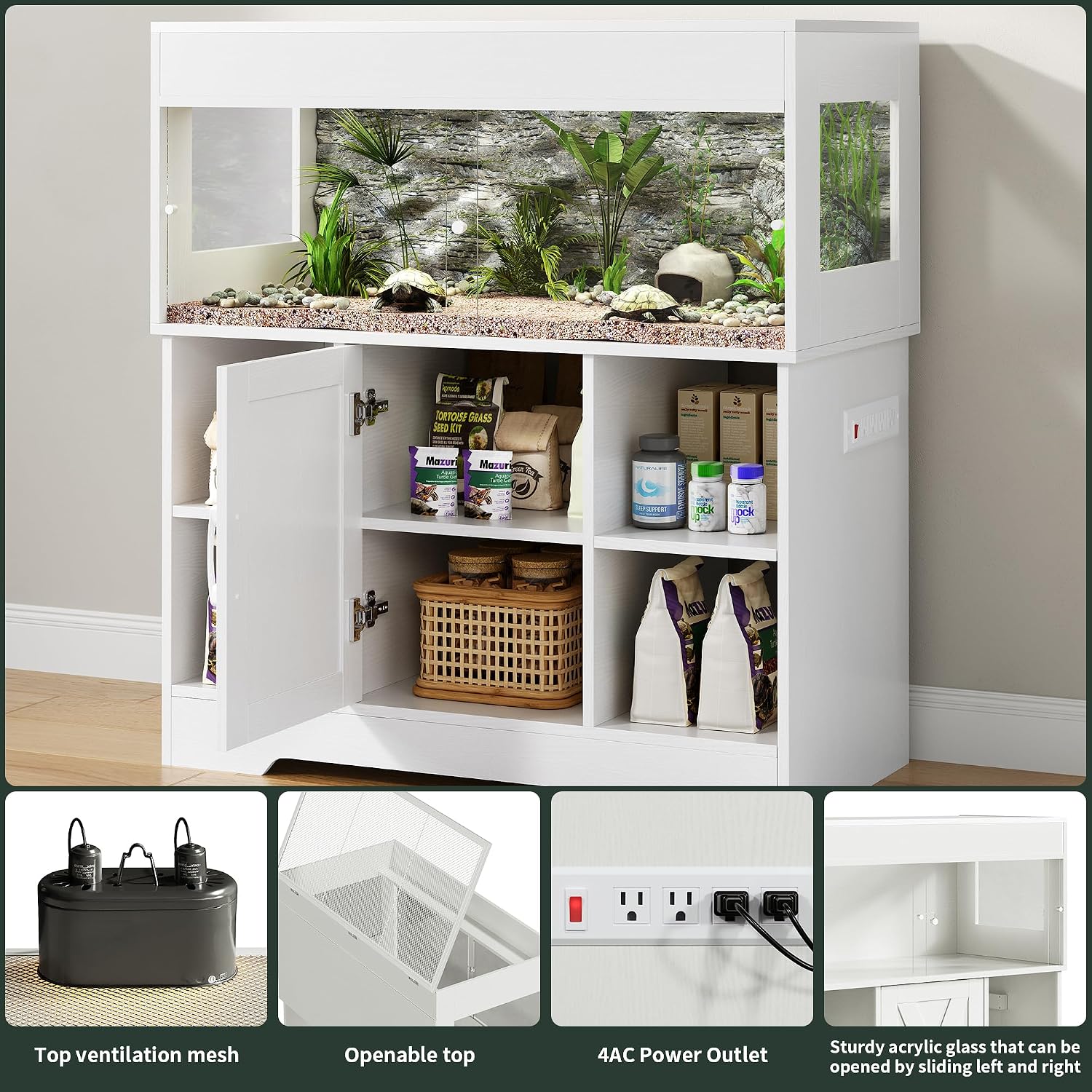 Herture 40 Gallon Reptile Terrarium Tank with Storage Cabinet, Reptile Tank with Stand, for Leopard Geckos, Corn Snakes, Juvenile Pets, Sliding Acrylic Doors, Mesh Top, Power Outlet, White PX03RTW
