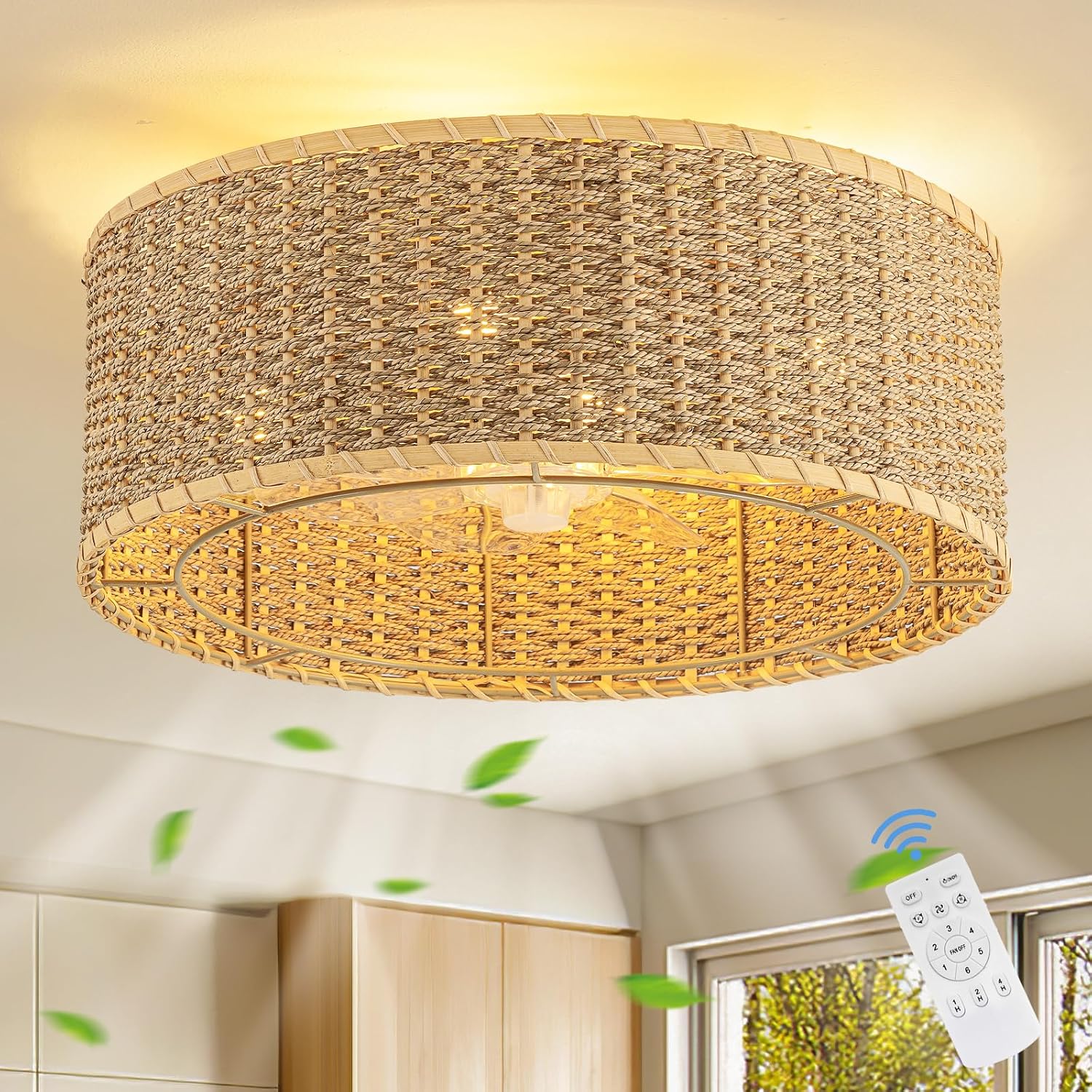 Boho Ceiling Fan with Light,Caged Ceiling Fan with Remote Control Reverible Blades,Low Profile 6 Speeds,Farmhouse Rattan Fandelier Chandelier Ceiling Fans for bedroom,dining room,kitchen ,living room