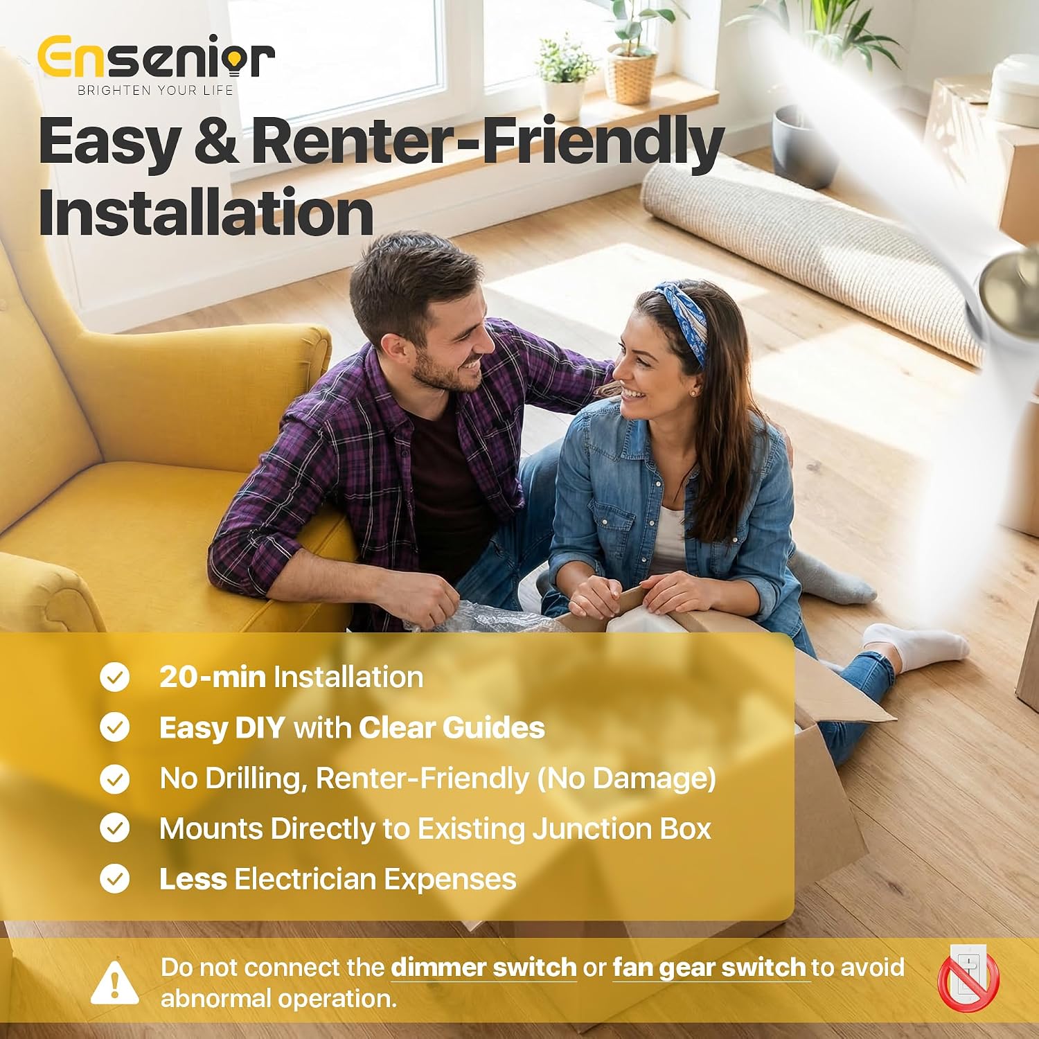 Ensenior Ceiling Fan with Light White and Gold, 52 Inch Ceiling Fans with Lights and Remote, 3 ABS Blades, Quiet Reversible DC Motor, 6-Speed, Dimmable 3CCT LED with Memory, Modern Fan for Living Room