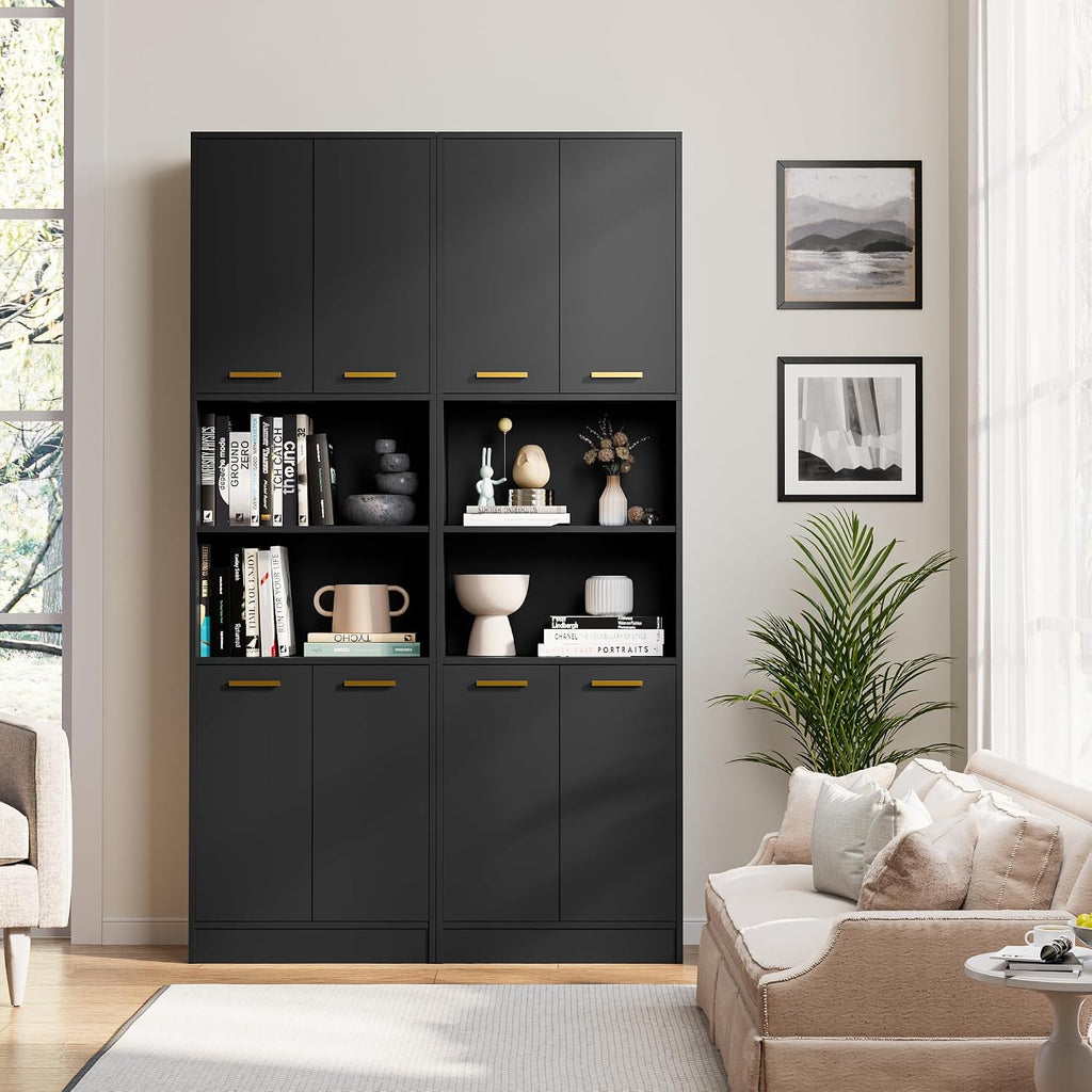 Cozy Castle Kitchen Pantry Cabinet, 75' Tall Wood Storage Cabinet with Doors and Shelves, 4 Doors Open Countertop Utility Hutch Cupboard for Dining Room Living Room Bathroom Furniture, Black