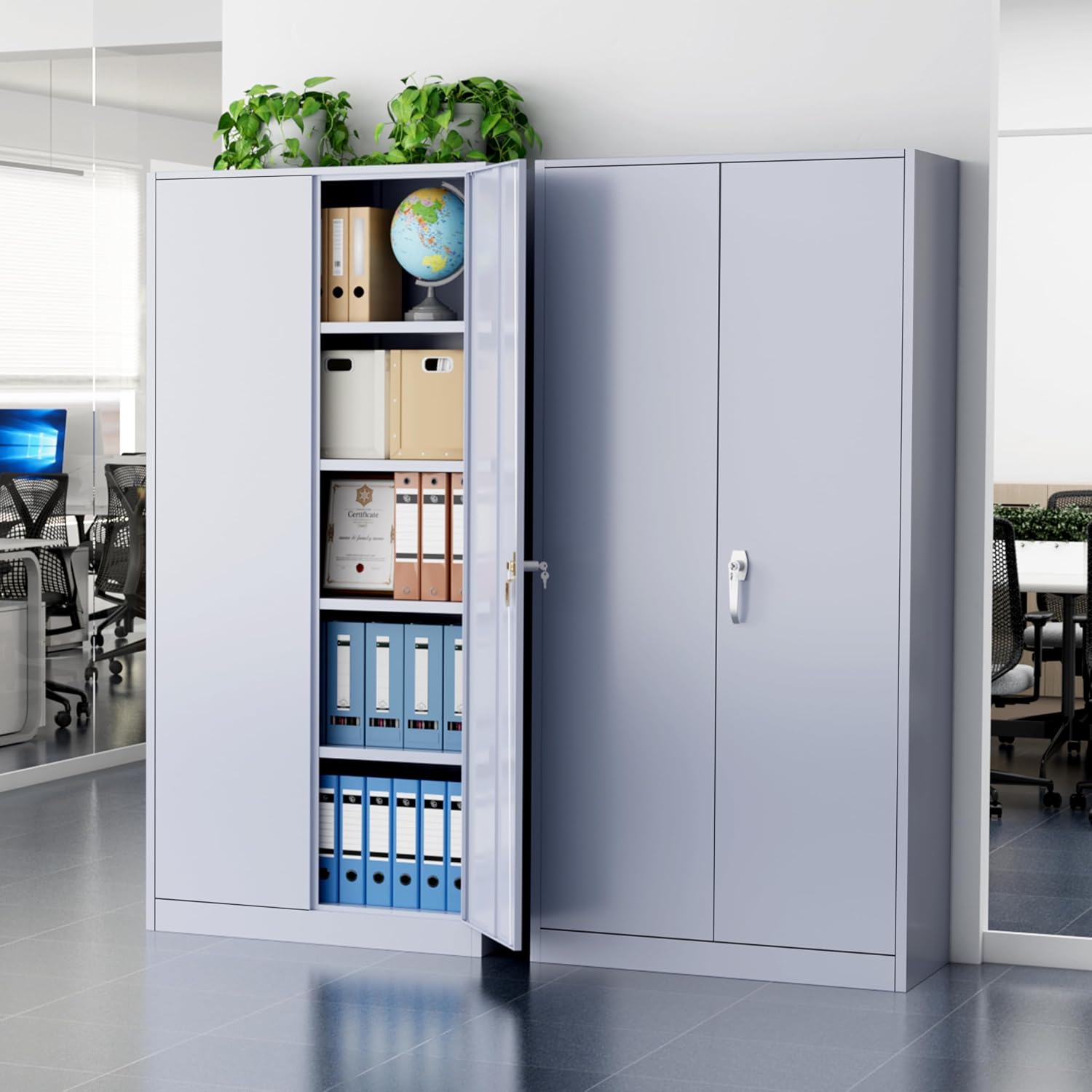Greenvelly Metal Storage Cabinet with Doors and Shelves, 72' Inch Locking Metal Cabinet,Garage Storage Cabinet for Garage Office School Warehouse (Dark Gray)