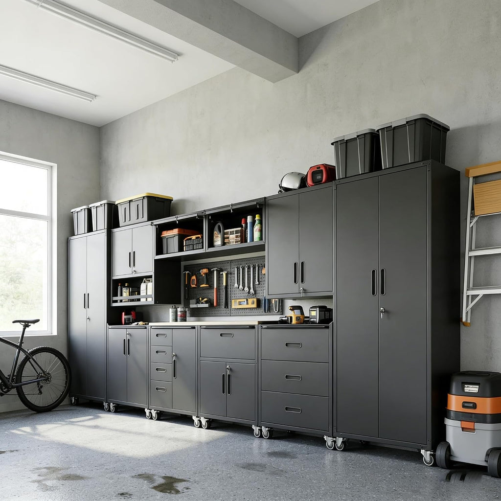 10-Piece Heavy Duty Steel Garage Cabinet System | All-in-One Modular Garage Cabinet Set for Ultimate Workshop Organization | Easy Assembly Garage Storage Cabinets & Tool Bench (Black)