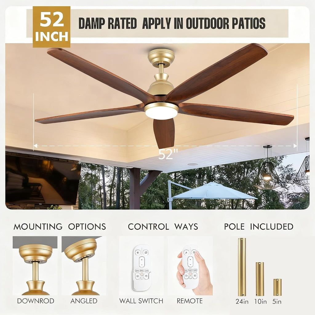 52 Inch Wood Gold Ceiling Fan with Light Remote, 5 Walnut Blades, Indoor Outdoor High CFM Propeller Damp Rated, Quiet Reversible DC Motor, for Modern Farmhouse Outside Patios Porch, 3 Downrods