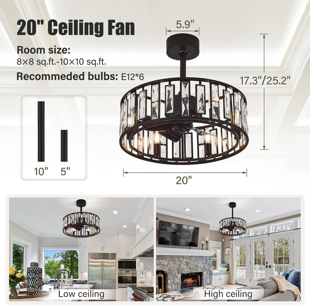 20' Small Caged Ceiling Fans with Lights and Remote, Industrial Enclosed Ceiling Fan Crystal Light with Reversible DC Motor, Bladeless Ceiling Fans for Bedroom Living Room (Black)
