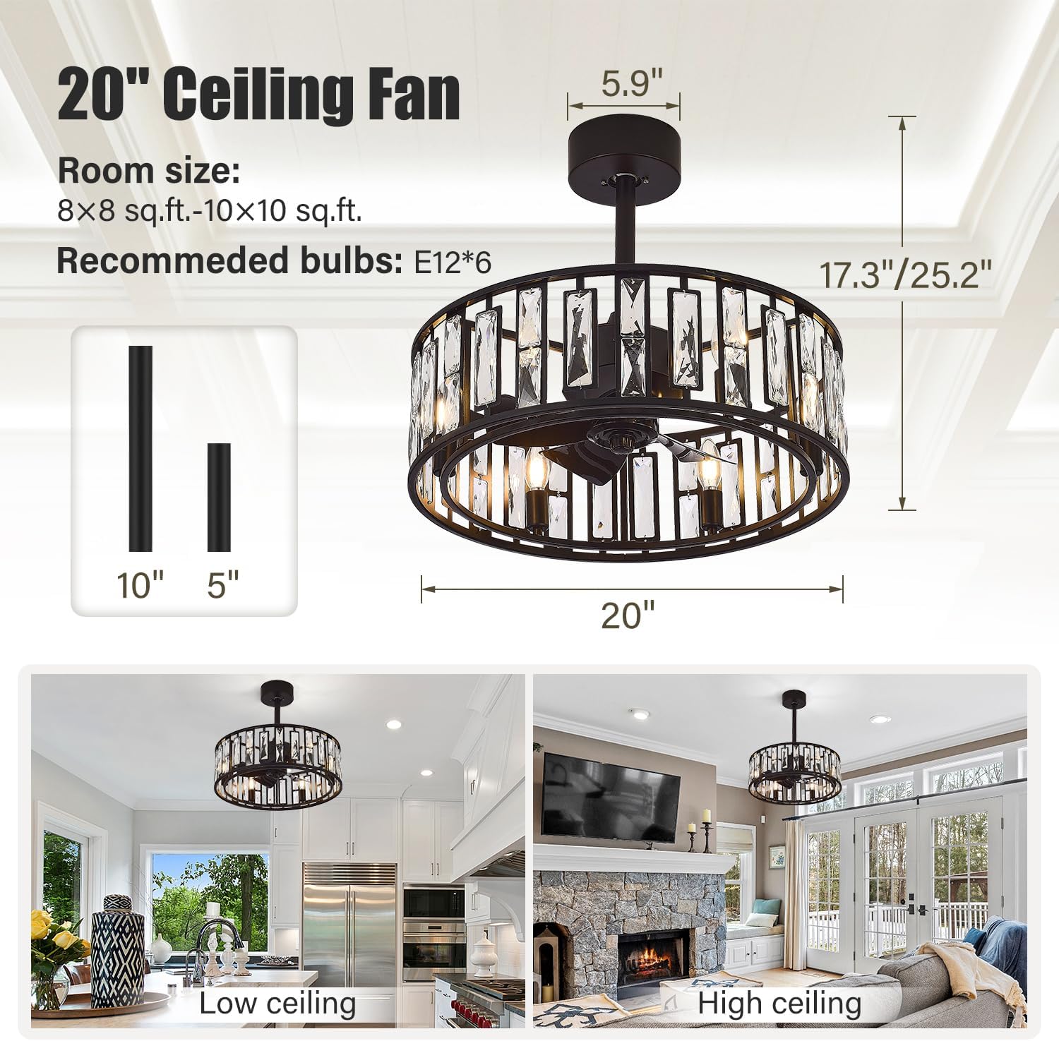 20' Small Caged Ceiling Fans with Lights and Remote, Industrial Enclosed Ceiling Fan Crystal Light with Reversible DC Motor, Bladeless Ceiling Fans for Bedroom Living Room (Black)