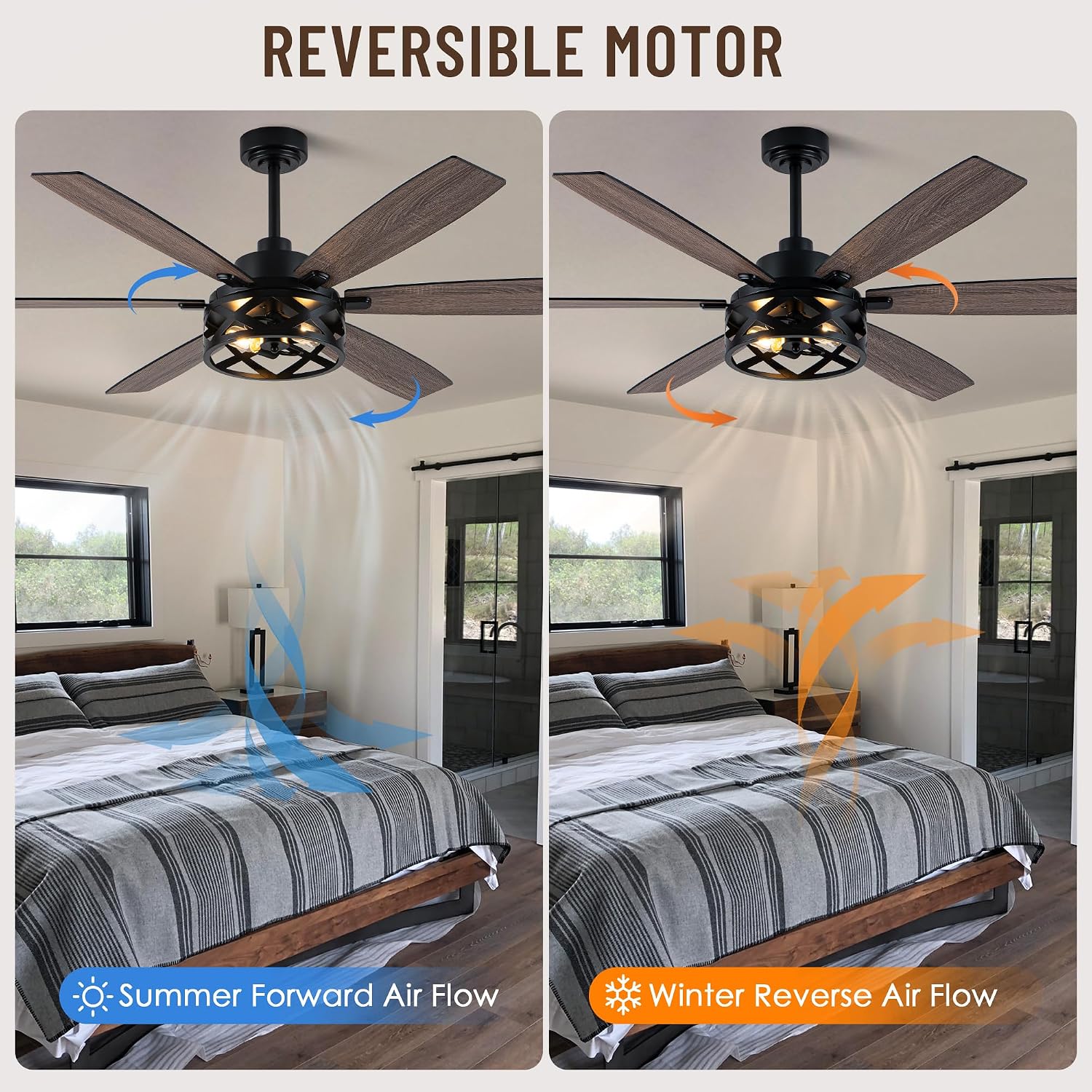 60' Farmhouse Ceiling Fan with Lights and Remote,6-Speed DC Motor Industrial Caged Ceiling Fan,Reversible Blades,Timer,2-Color Blades for Bedroom Living Room (E26 Bulbs Not Included)
