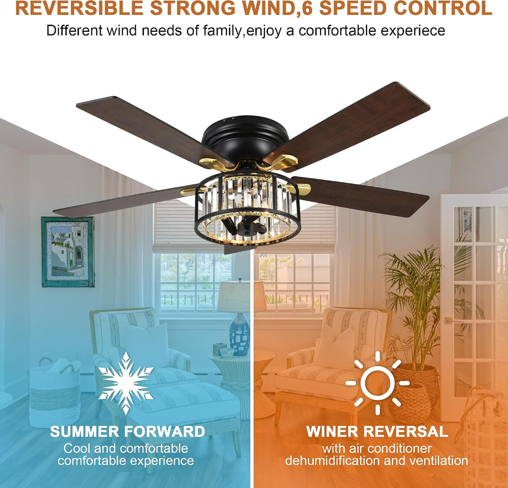 Bella Depot 52' Black Flush Mount Ceiling Fan, Caged Crystal Chandelier Fan with Light (No Bulbs Included), Quiet DC Motor for Dining Living Room Bedroom