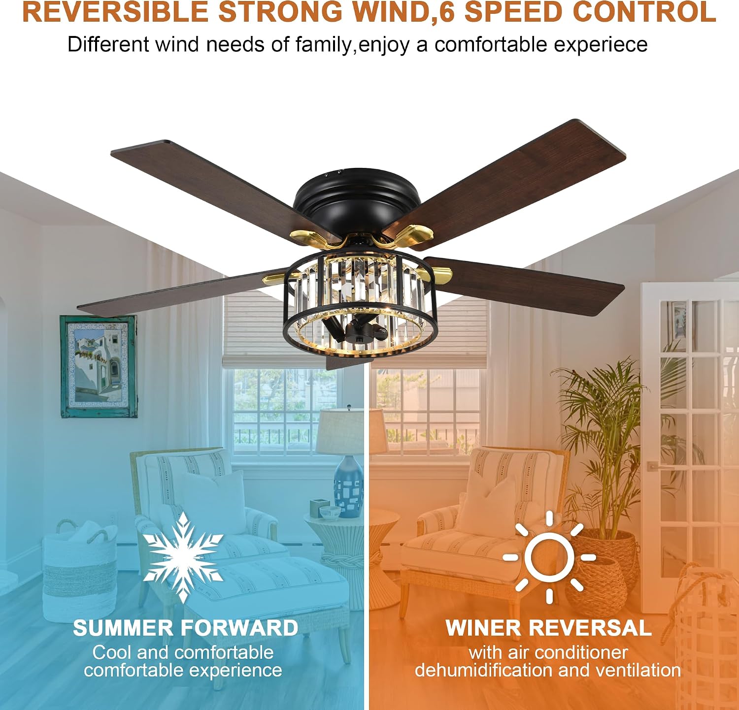 Bella Depot 52' Black Flush Mount Ceiling Fan, Caged Crystal Chandelier Fan with Light (No Bulbs Included), Quiet DC Motor for Dining Living Room Bedroom