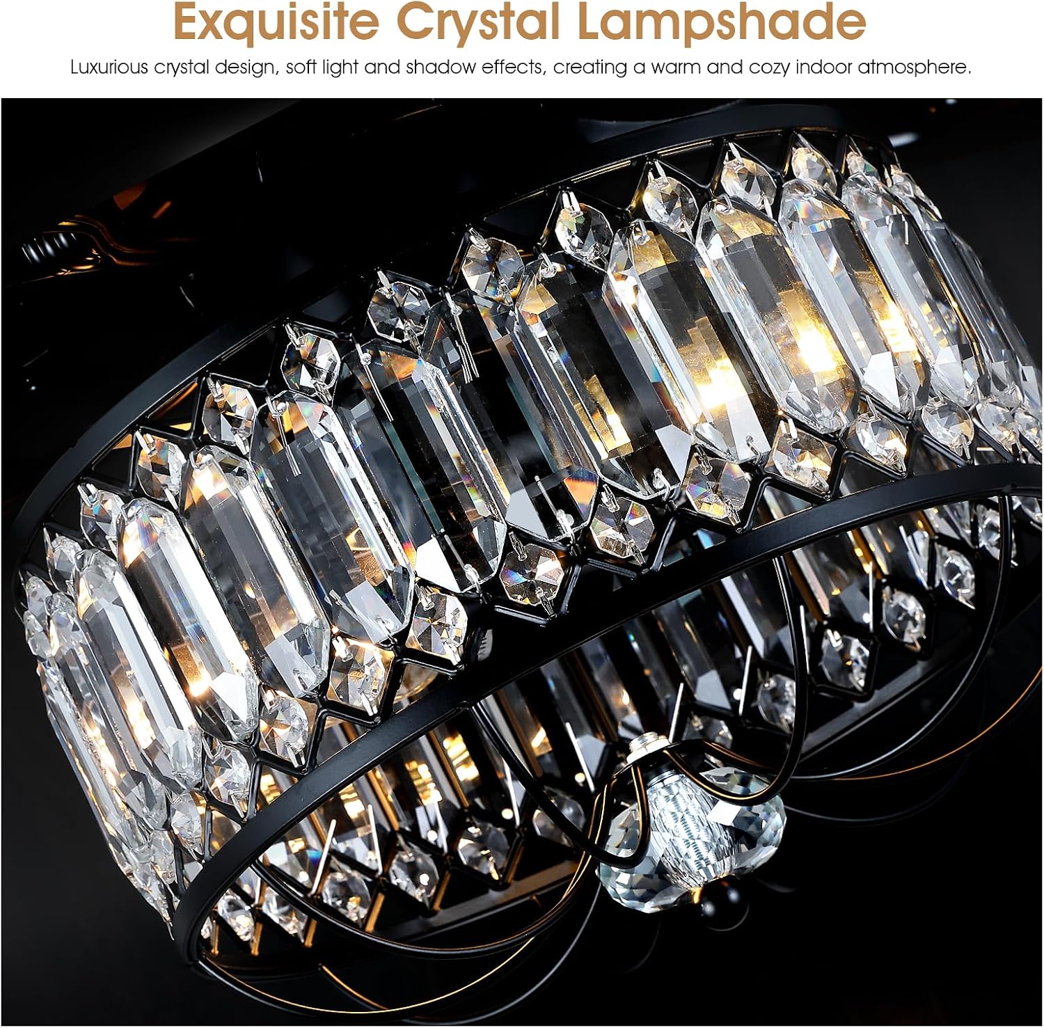 Kviflon Farmhouse Crystal Ceiling Fans with Lights and Remote, 52 Inch Chandelier Ceiling Fans, Black Fandelier Ceiling Fan for Bedroom Living Room, Quiet DC Motor, Reversible, Bulb not Included