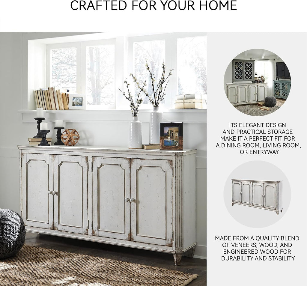 Signature Design by Ashley Mirimyn Distressed 4-Door Accent Cabinet or TV Stand, Antique White