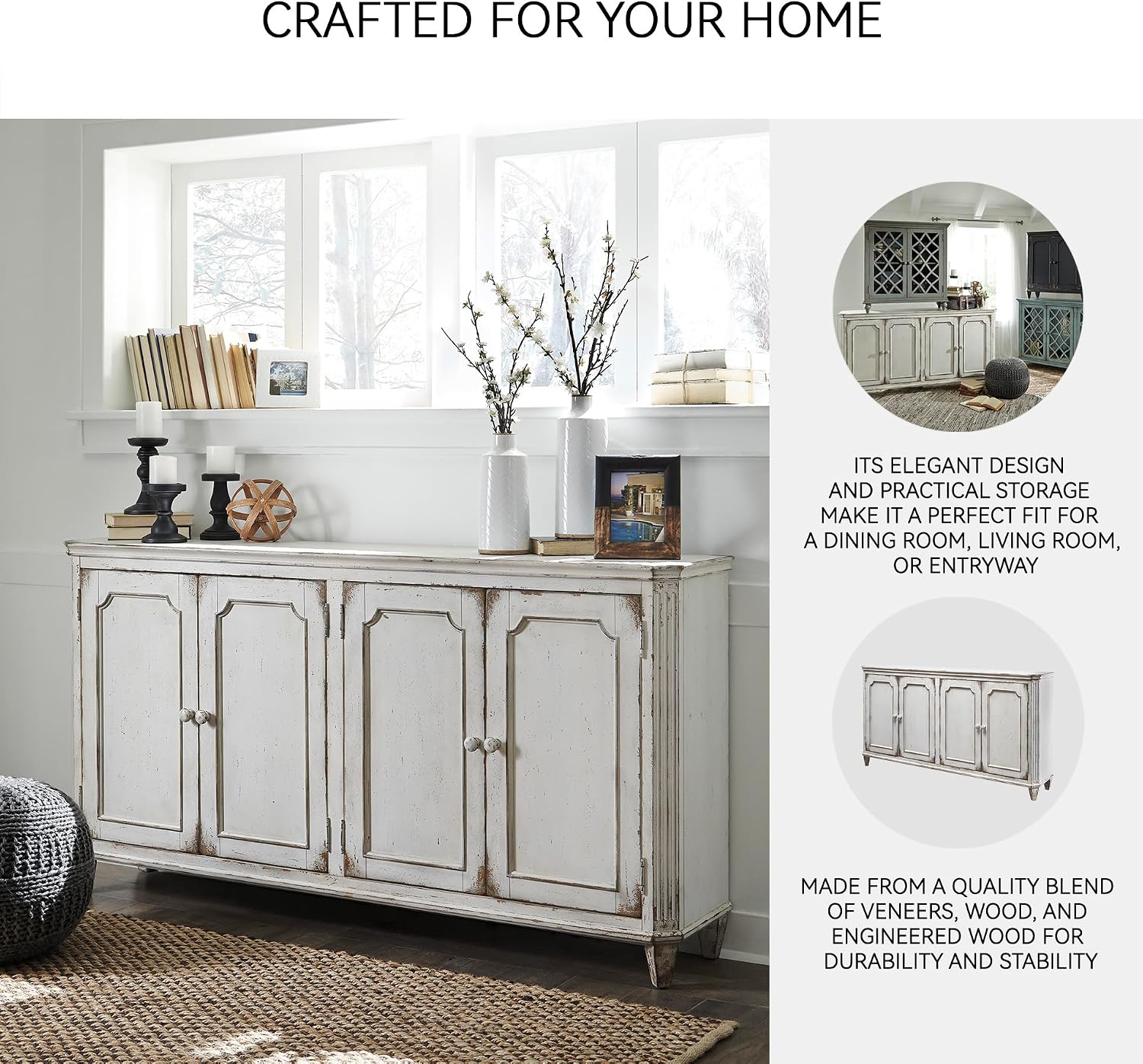 Signature Design by Ashley Mirimyn Distressed 4-Door Accent Cabinet or TV Stand, Antique White