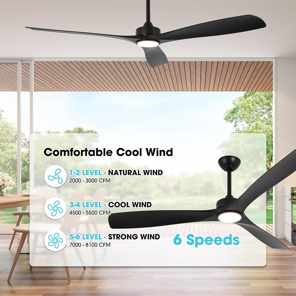 Ceiling Fans with Lights and Remote 60 Inch Black Outdoor Ceiling Fans for Patios Bedroom, Farmhouse Low Profile Chandelier Ceiling Fan with 6-Speed Reversible DC Motor, Dimmable, Ventilador de Techo