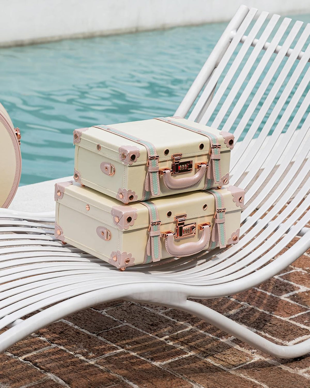 COTRUNKAGE 16' Carry On Suitcase Cute Pu Overnight Vintage Trunk Luggage Bag for Women with Strap, Cream White