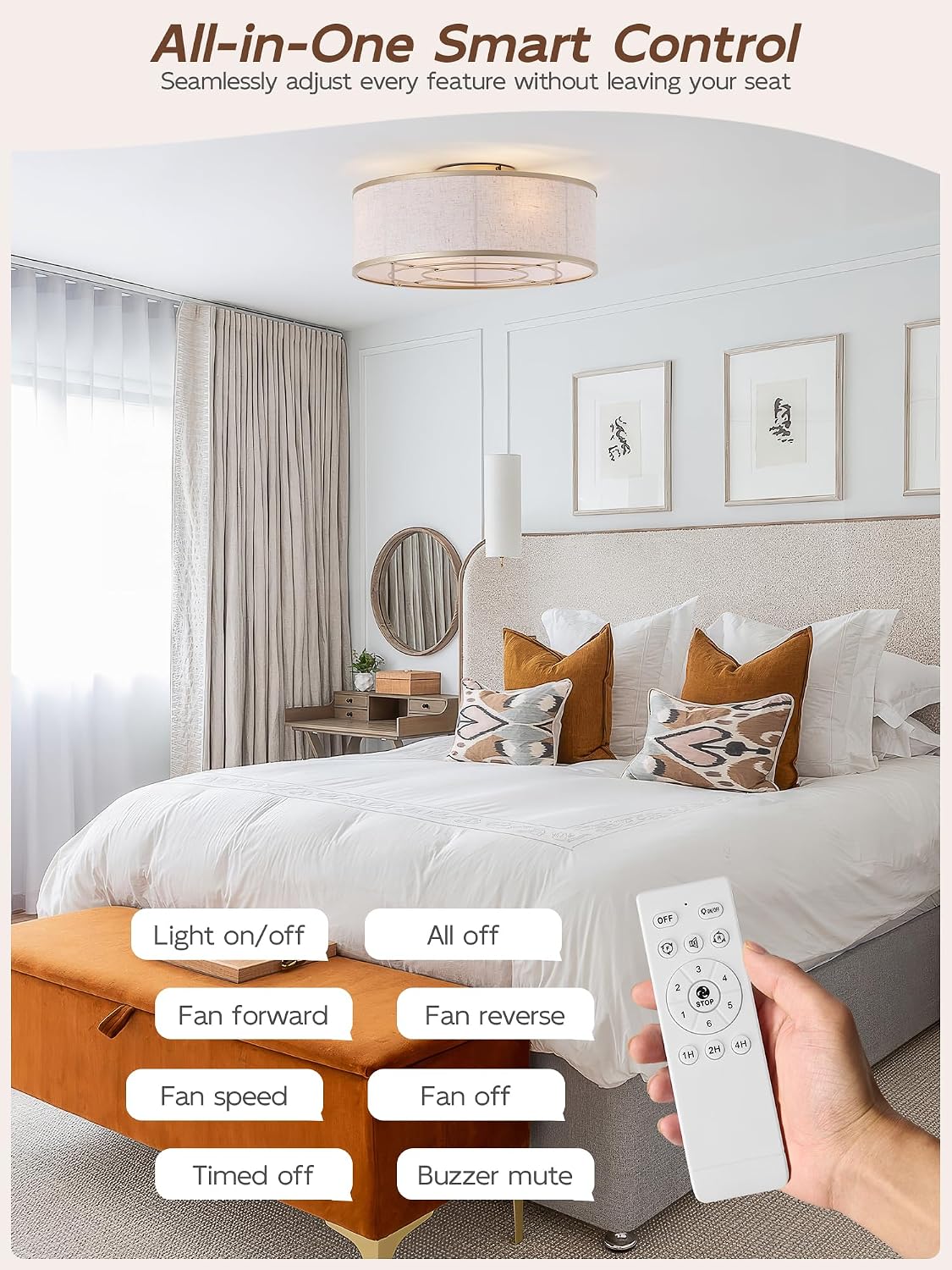 Gold Flush Mount Ceiling Fans with Lights, 20' Caged Boho Ceiling Fan with Light and Remote, Bladeless with 6 Speeds for Bedroom, Nursery, Living Room
