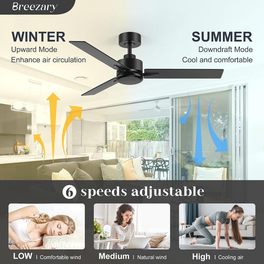 2 Pack 48 Inch Ceiling Fans without Light Remote Control, 6-Speed, Quiet Reversible DC Motor, 3-Blade, Industrial Indoor/Outdoor Ceiling Fan No Light for Living Room Patio, Black