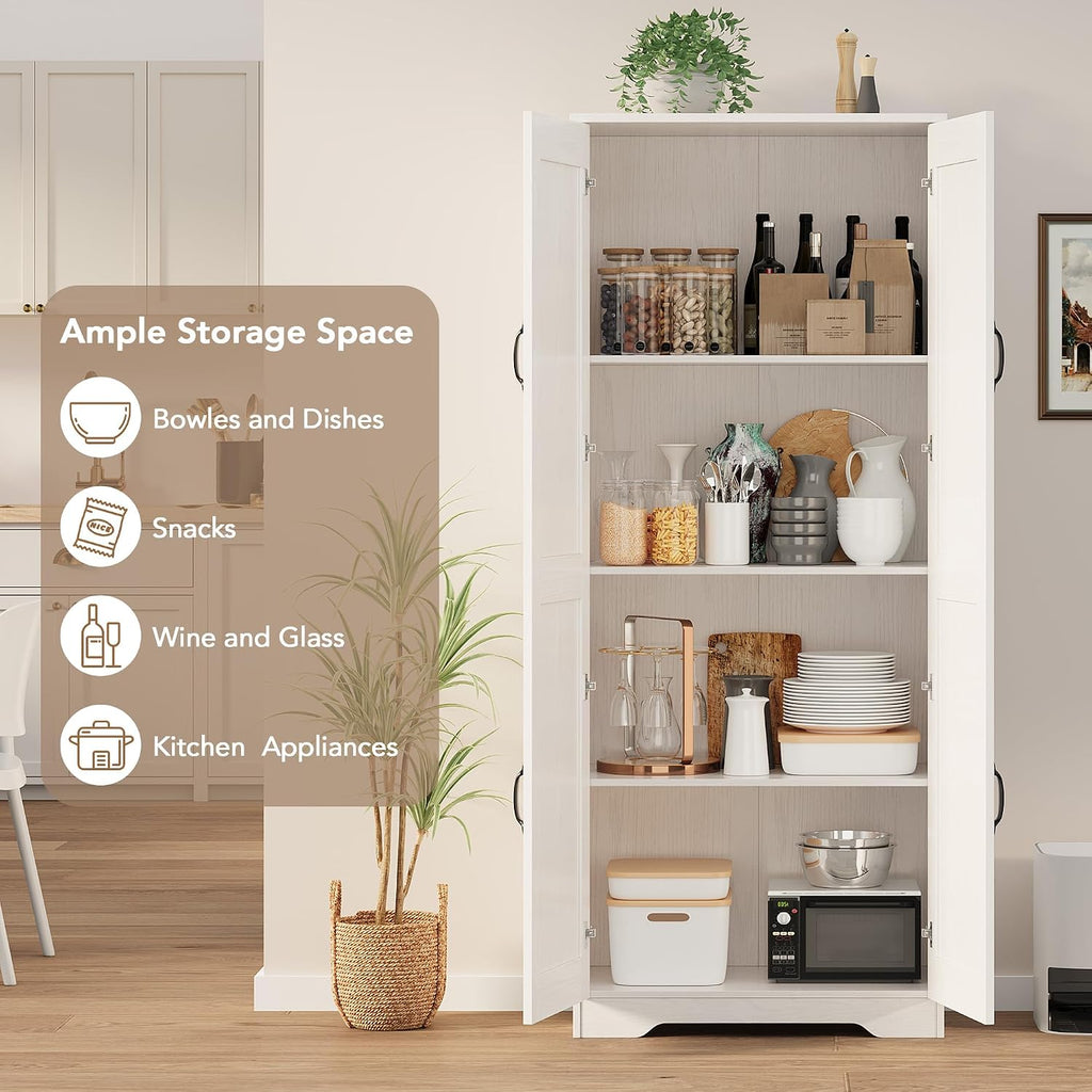 IDEALHOUSE Tall Pantry Cabinet, 60' Kitchen Pantry Storage Cabinet with 2 Doors and Adjustable Shelves, Freestanding Kitchen Cabinet, Cupboard for Dining Room, Bathroom, Living Room, White