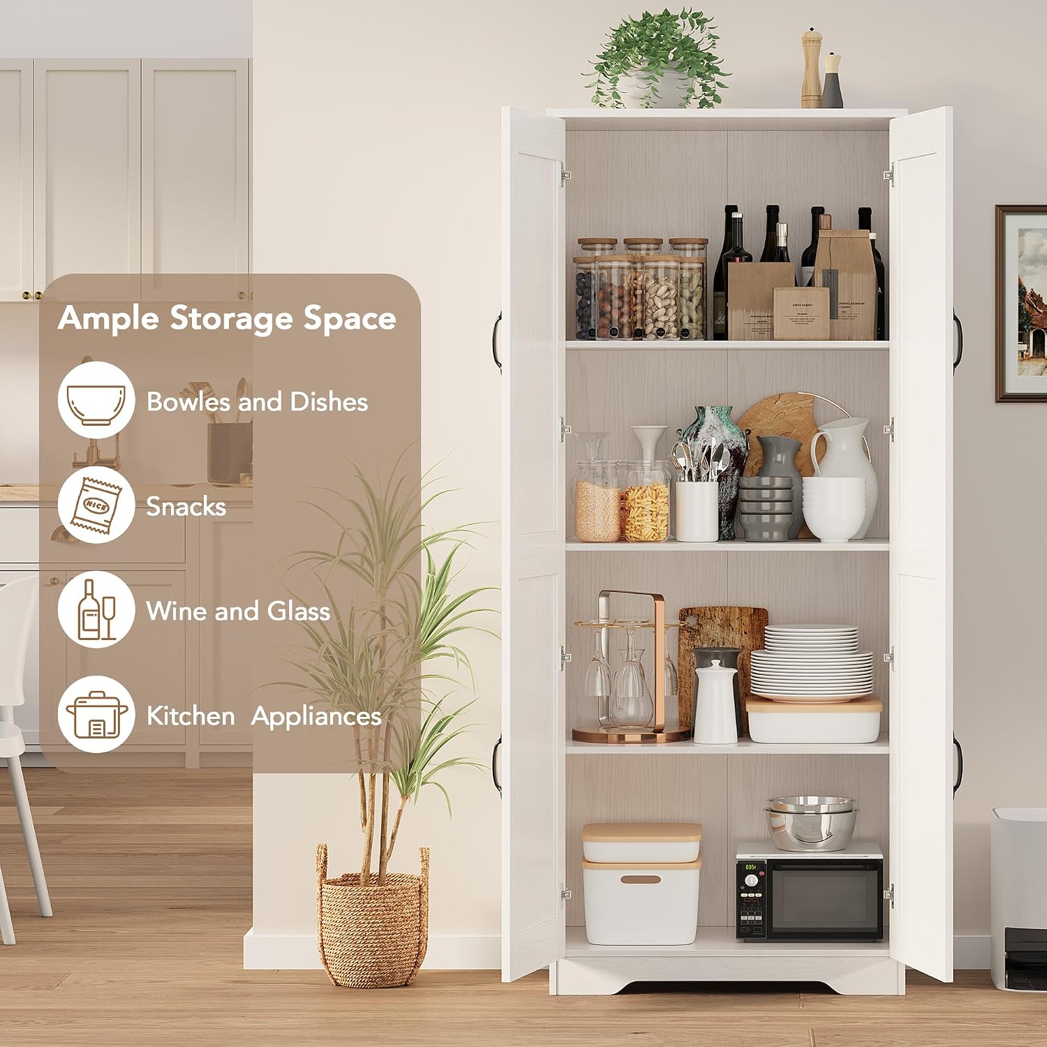 IDEALHOUSE Tall Pantry Cabinet, 60' Kitchen Pantry Storage Cabinet with 2 Doors and Adjustable Shelves, Freestanding Kitchen Cabinet, Cupboard for Dining Room, Bathroom, Living Room, White