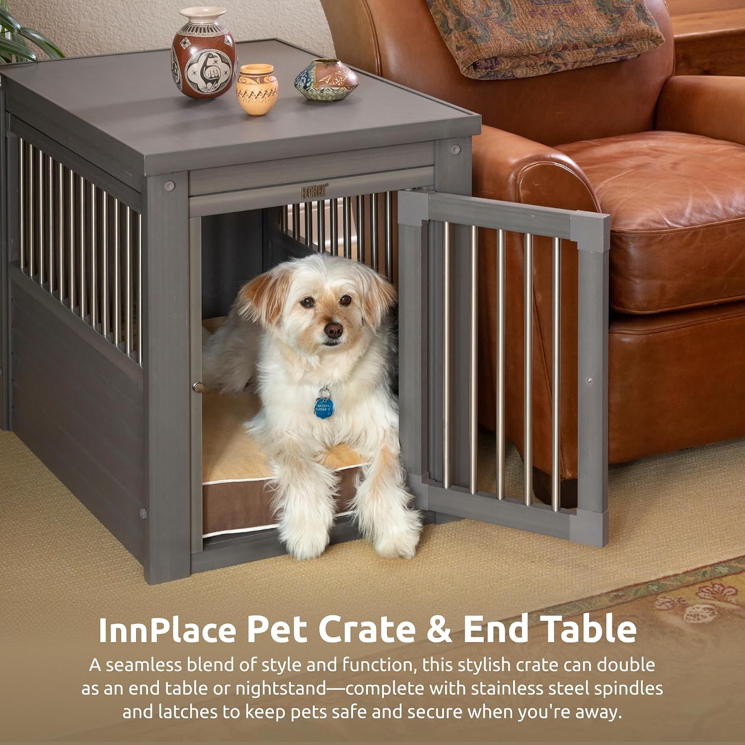 New Age Pet ECOFLEX InnPlace Dog Crate & End Table, Furniture-Style Indoor Kennel for Crate-Trained Dogs, Stainless Steel Spindles, 10-Year Warranty. 4 Colors, 4 Sizes