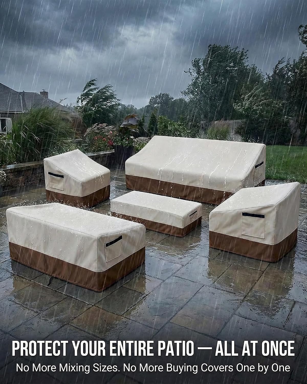 5 Piece Patio Furniture Cover Set, Waterproof Outdoor Furniture Covers for 3-Seater Sofa, Loveseat, Chairs & Coffee Table, Heavy Duty 600D Lawn Patio Set Covers, UV-Resistant All-Season, Beige&Brown