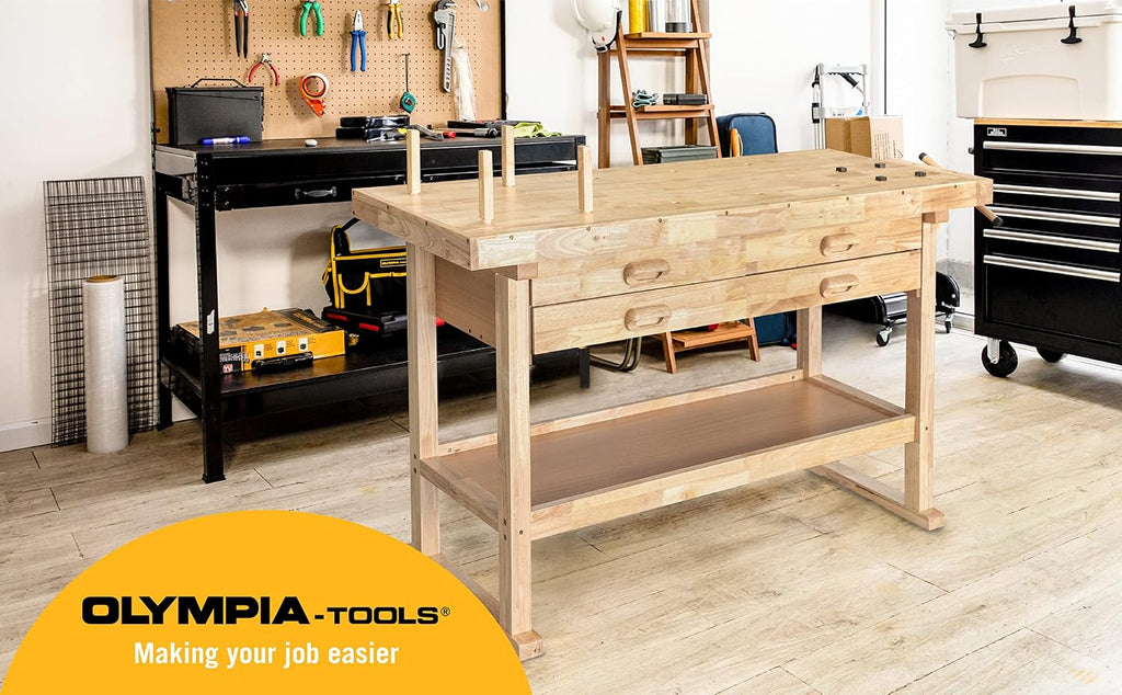 Olympia Tools 64.5' Rubber Hardwood Workbench with 4-Drawers & Clamp, 450 lb Capacity – Heavy-Duty Woodworking Storage, Tools Organizer, and Craftsman Standing Station Table for Workshop
