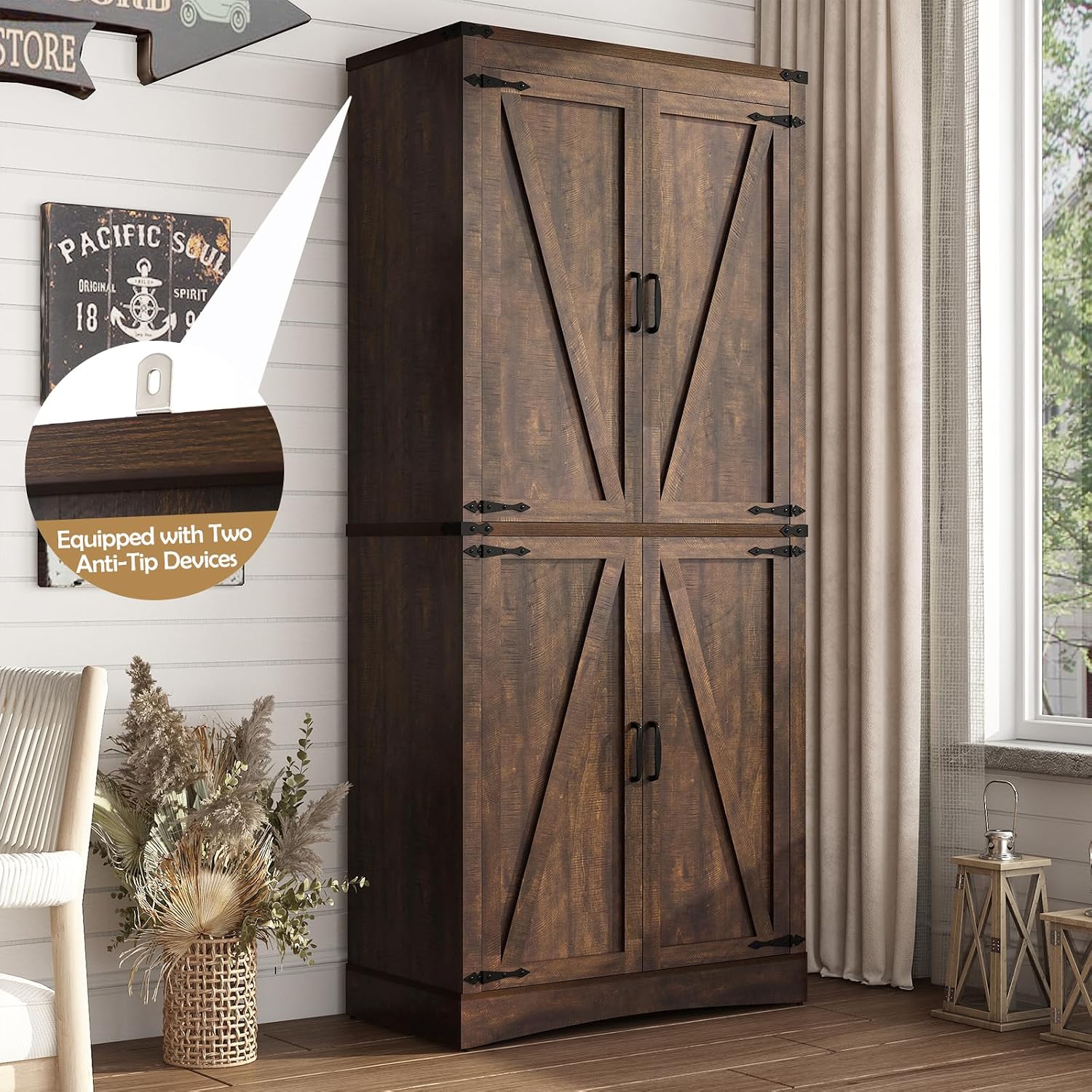 chartustriable 71in Farmhouse Kitchen Pantry Cabinet,Tall Storage Cabinet with 4 Doors and Adjustable shelves,with Load-Bearing Steel Pipe,Wood Storage Cabinets for Kitchen,Dining Room,Bathroom(Brown)