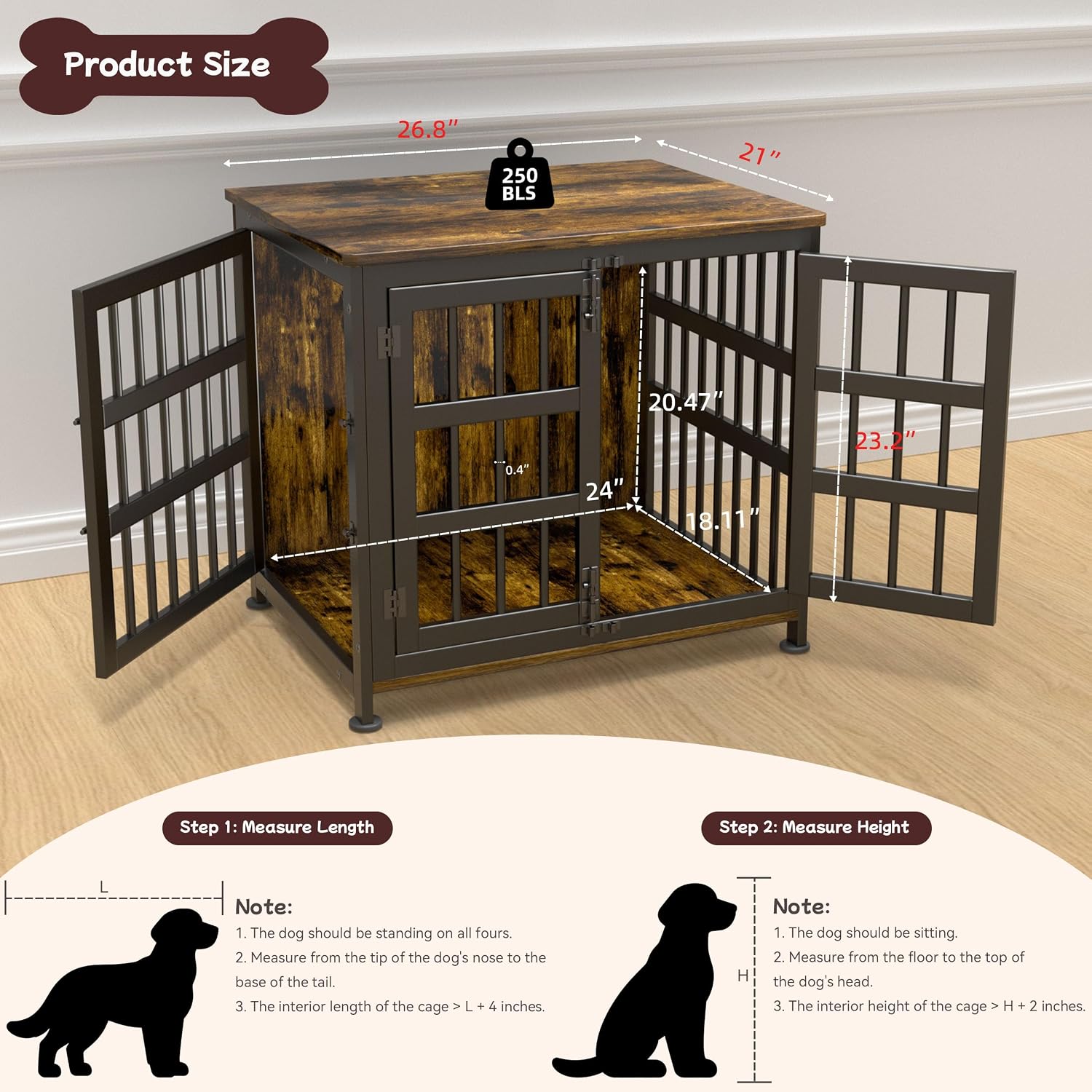 26'' Dog Crate Furniture Large Breed Dog Crate Dog Kennels for Inside Wooden Dog Crates End Table Heavy Duty Indoor Combination Cage for Medium to Large Dogs Walnut