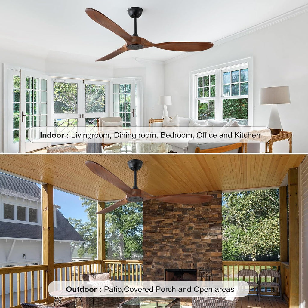 60 inch Ceiling Fan Without Light, Ceiling Fan no Light with Remote Control and Quiet DC Motor, Outdoor Ceiling Fans for Patios Without Lights, Solid Wood 3 Blades, ETL Listed- Walnut Wood