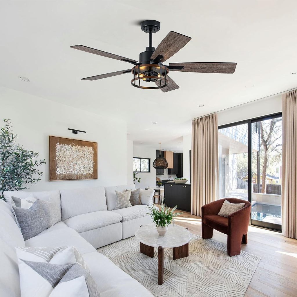 52' Farmhouse Ceiling Fans with Lights, Caged Ceiling Fan with Light and Remote,Reversible Motor,5 Double Finish Wood Blades,Black Rustic Industrial Ceiling Fan for Living Room/Dining Room