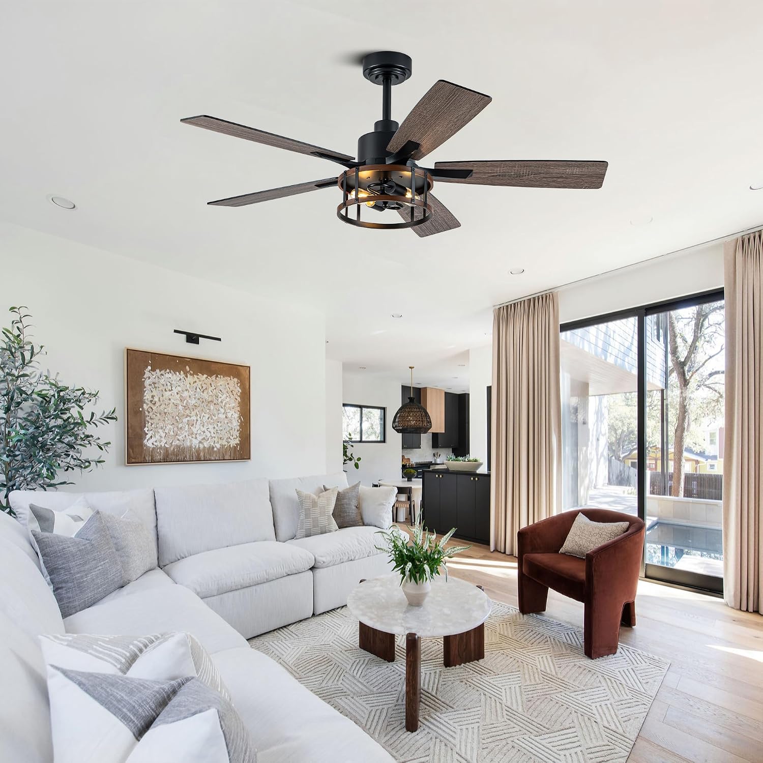 52' Farmhouse Ceiling Fans with Lights, Caged Ceiling Fan with Light and Remote,Reversible Motor,5 Double Finish Wood Blades,Black Rustic Industrial Ceiling Fan for Living Room/Dining Room