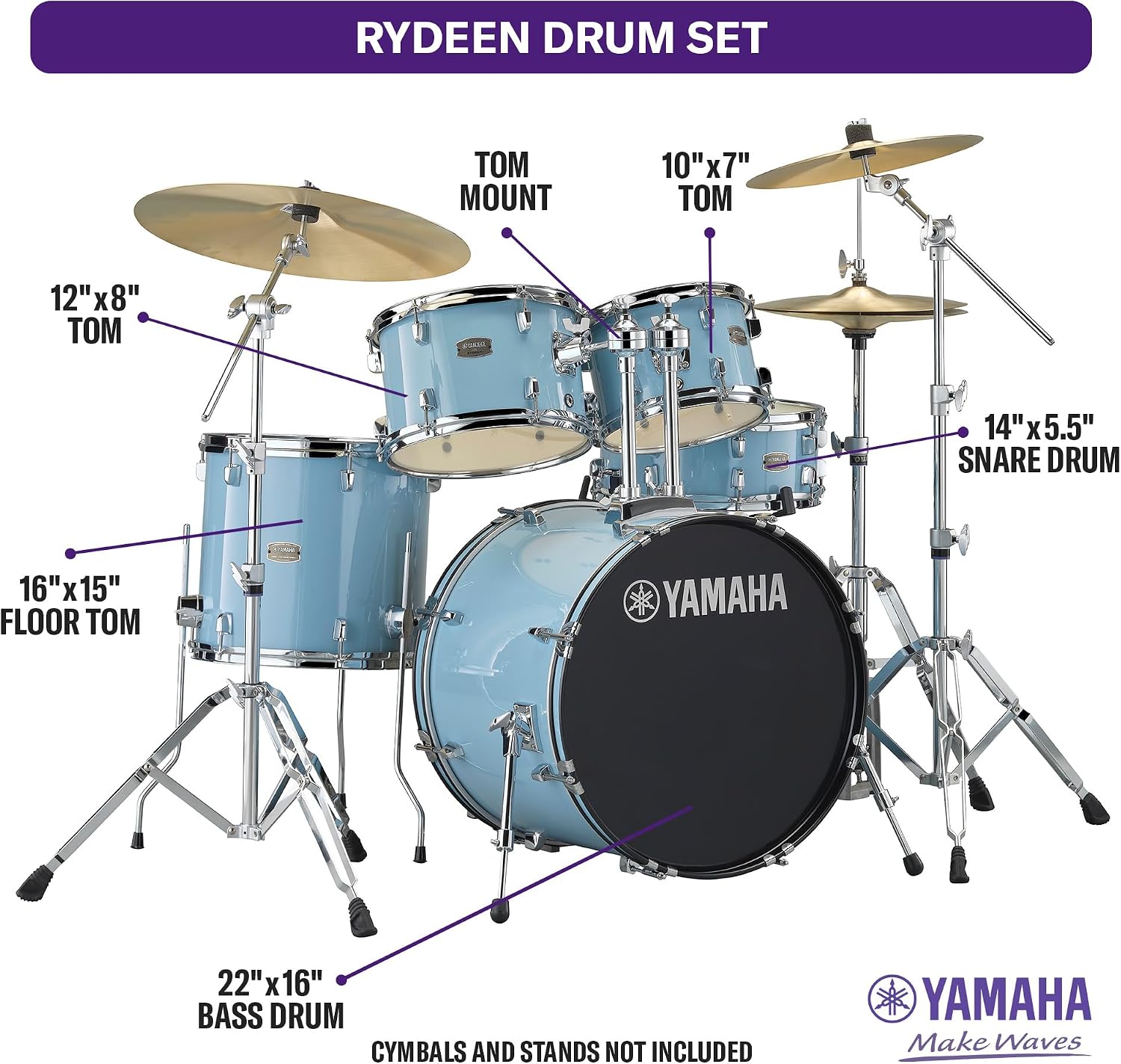 Yamaha Rydeen 5-Piece Drum Set With 22' Bass Drum, Floor Tom, 2 Toms With Ball Clamp And Wood Snare Drum, Gloss Pale Blue