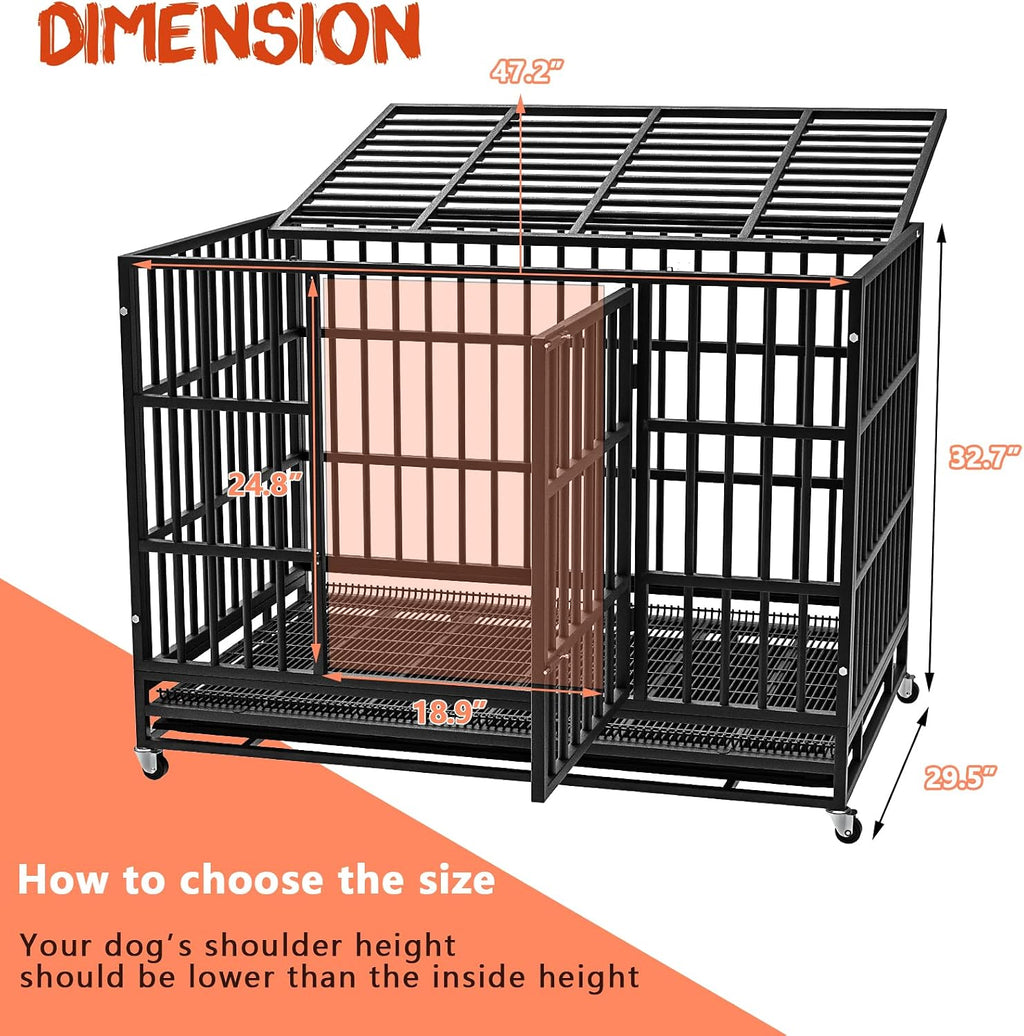 LEMBERI 48 Inch Heavy Duty Indestructible Dog Crate, 500lbs Capacity Escape Proof Double Door Kennel with Lockable Wheels, 36' Tall XL Dog Cage with 0.8' Steel Tubes, Removable Tray, Black
