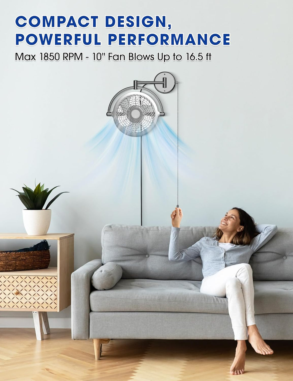 Wall Mount Fans with Pull Chain, 10 Inch Wall Fans Quiet Oscillating Wall-Mounted Fan, Adjustable Folding Arm, 2-Speed Plug-in Ceiling Fan for Bedroom, Living Room, Bathroom, Patio, Kitchen, White