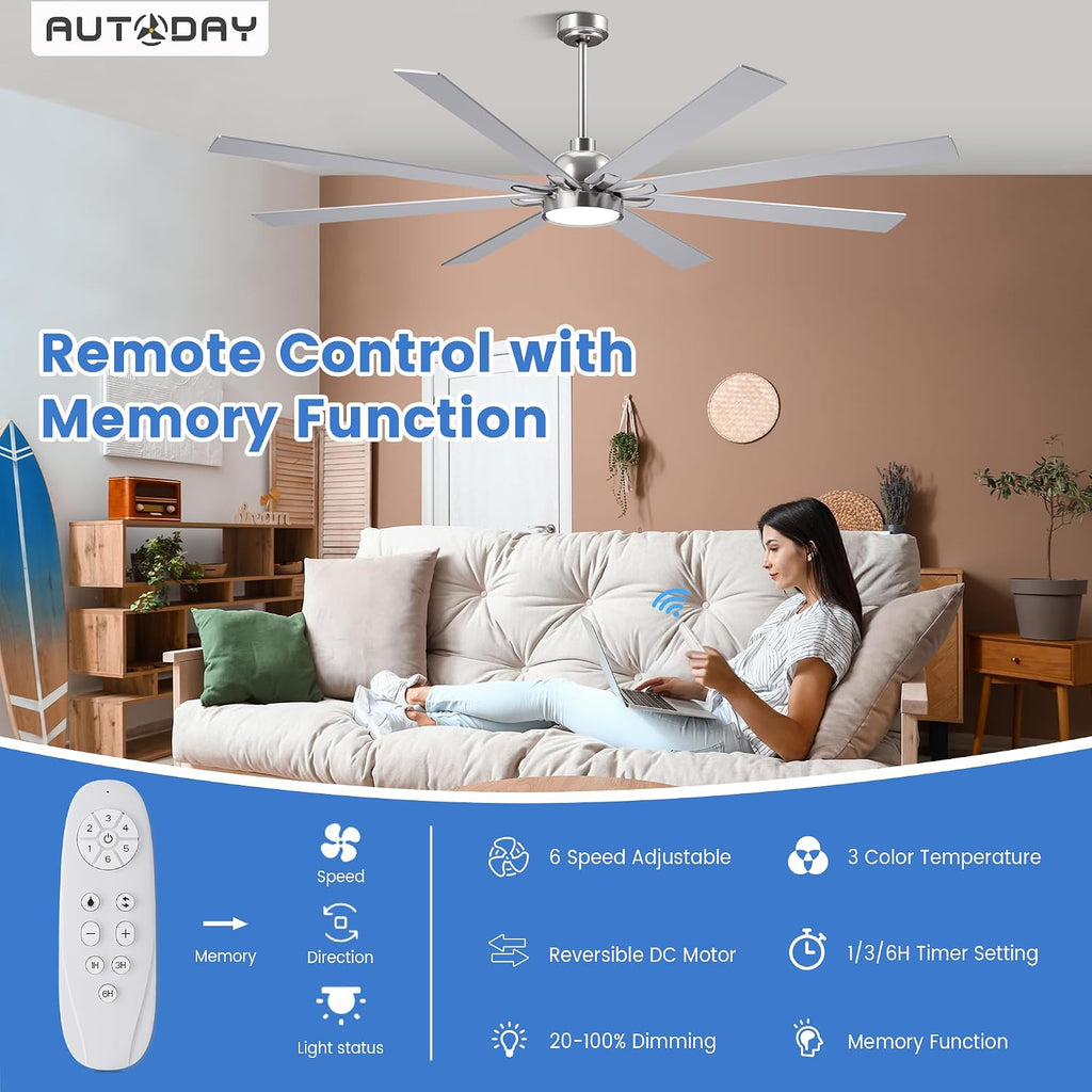 Large Ceiling Fans with Lights and Remote - 72 Inch Brushed Nickel Ceiling Fan with Light, Quiet DC Motor, 3 CCT, Modern Dimmable Lighting & Ceiling Fans for Living Room Patio,Indoor/Outdoor