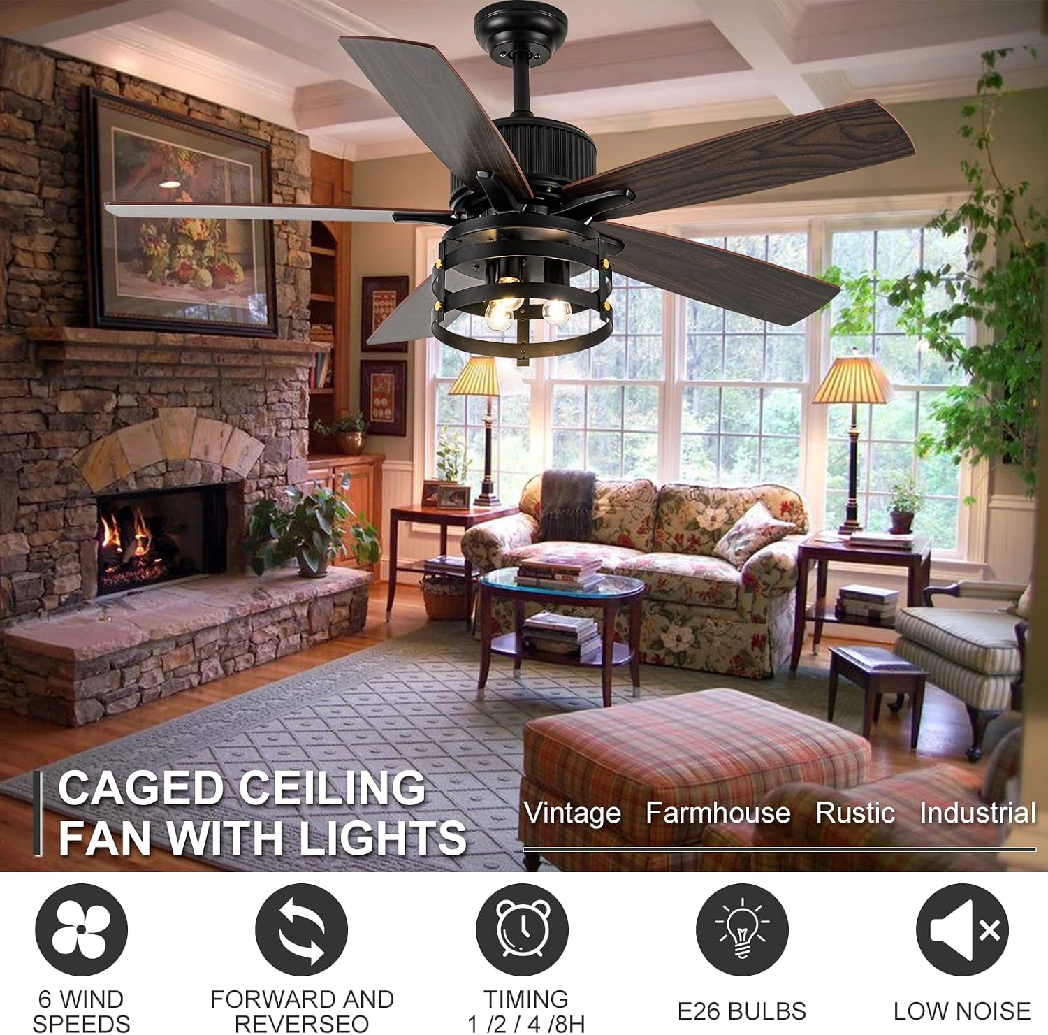 Farmhouse Rustic Ceiling Fan with Lights, 52 Inch Industrial Ceillng Fan Outdoor Ceiling Fan for Patio, Large Airflow Reversible Dual Finish Blades Rustic Fan for Indoor with Timing Function