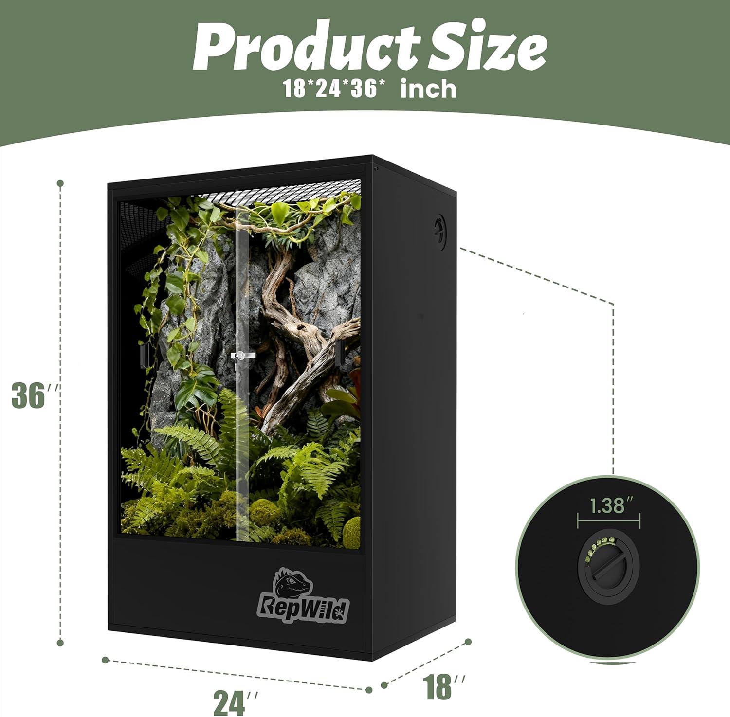 65 Gallon PVC Tall Reptile Tank/Terrarium, RepWild 24' x 18' x 36' Arboreal Reptile Habitat Enclosure with Sliding Door & Heavy-Duty Screen for Amphibians, Crested Gecko Lizard Chameleon