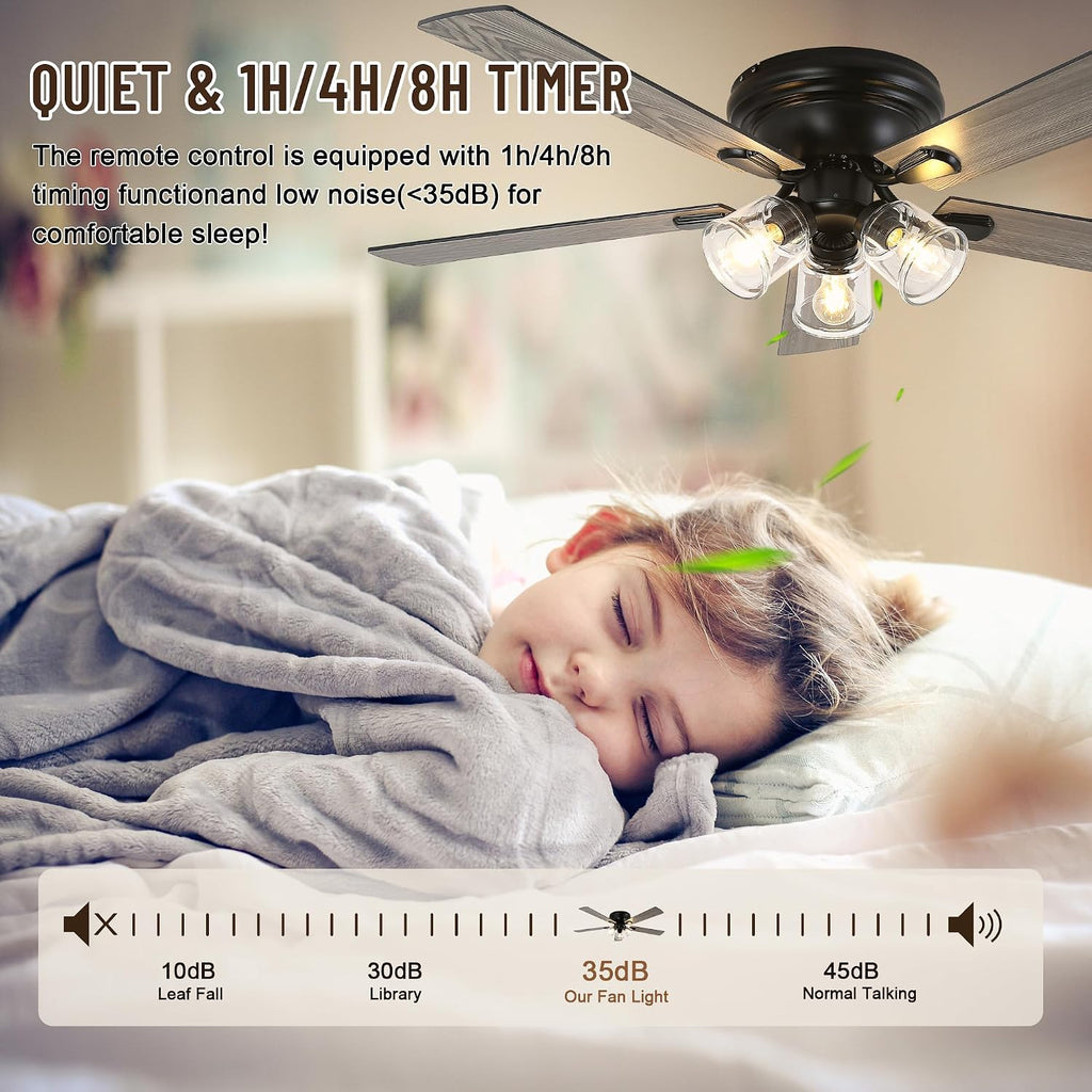 52' Flush Mount Ceiling Fan with Lights and Remote Control,Industrial Farmhouse Ceiling Fan,Reversible Quiet Motor,5 Wood Blades,3 Clear Glass Lights for Bedroom Living Room Kitchen