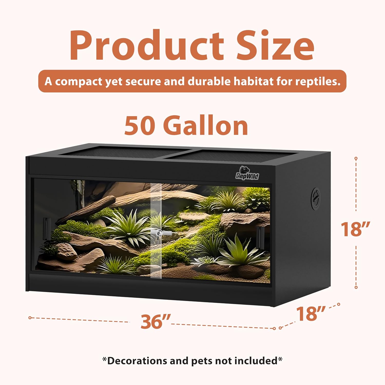 50 Gallon PVC Reptile Enclosure, RepWild 36'x18'x18' Terrarium/Tank with Heavy-Duty Screen Top, Glass Sliding Doors & Lock for Bearded Dragons, Ball Python, Geckos, Lizards