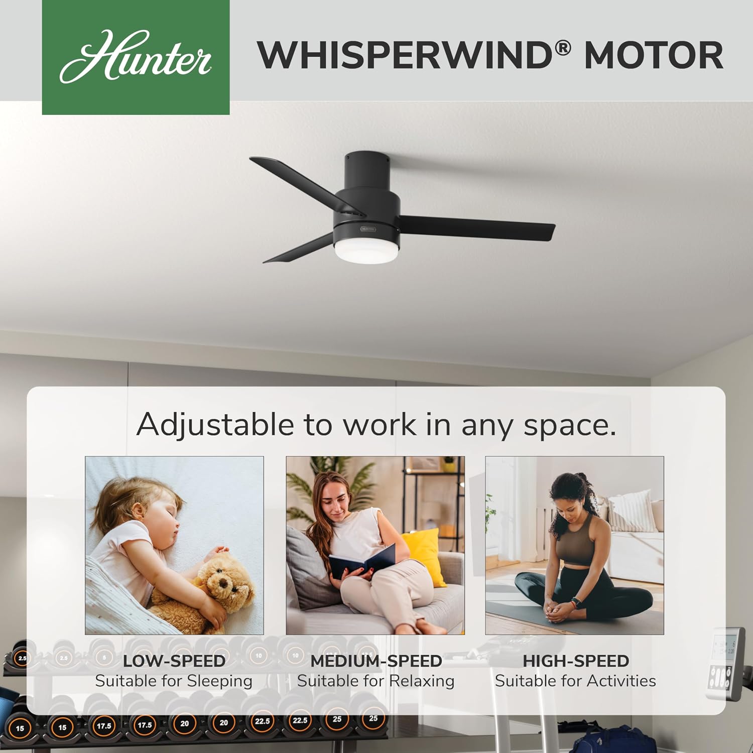 Hunter Fan Company, 51330, 52 inch Gilmour Matte Black Low Profile Damp Rated Ceiling Fan with LED Light Kit and Handheld Remote
