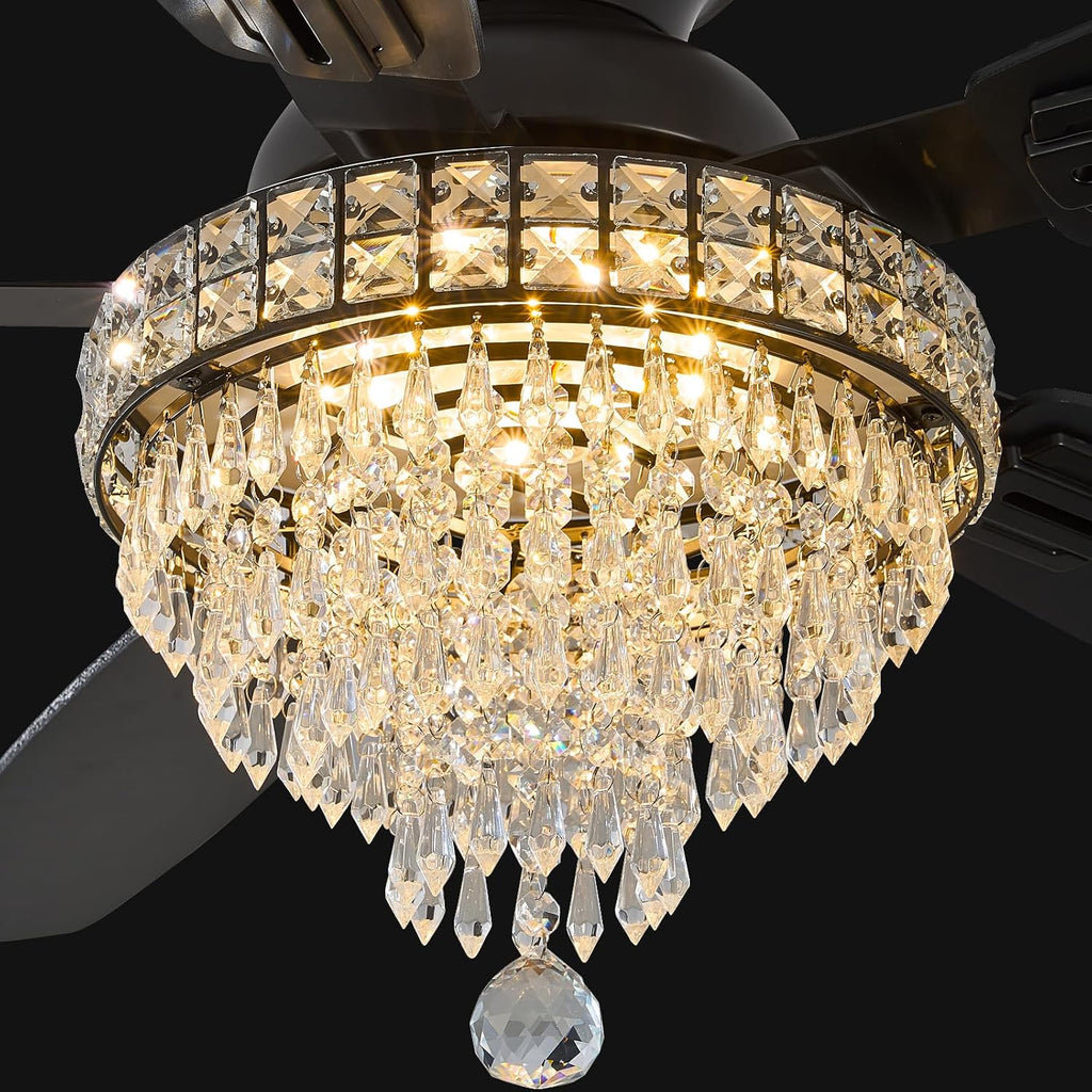 Crystal Ceiling Fan Fandelier with Lights-Ceiling Fans,50' Low Profile and Remote Control, Flush Mount, Reversible, Dimmable, Noiseless, Black Ceiling Fan for Bedroom