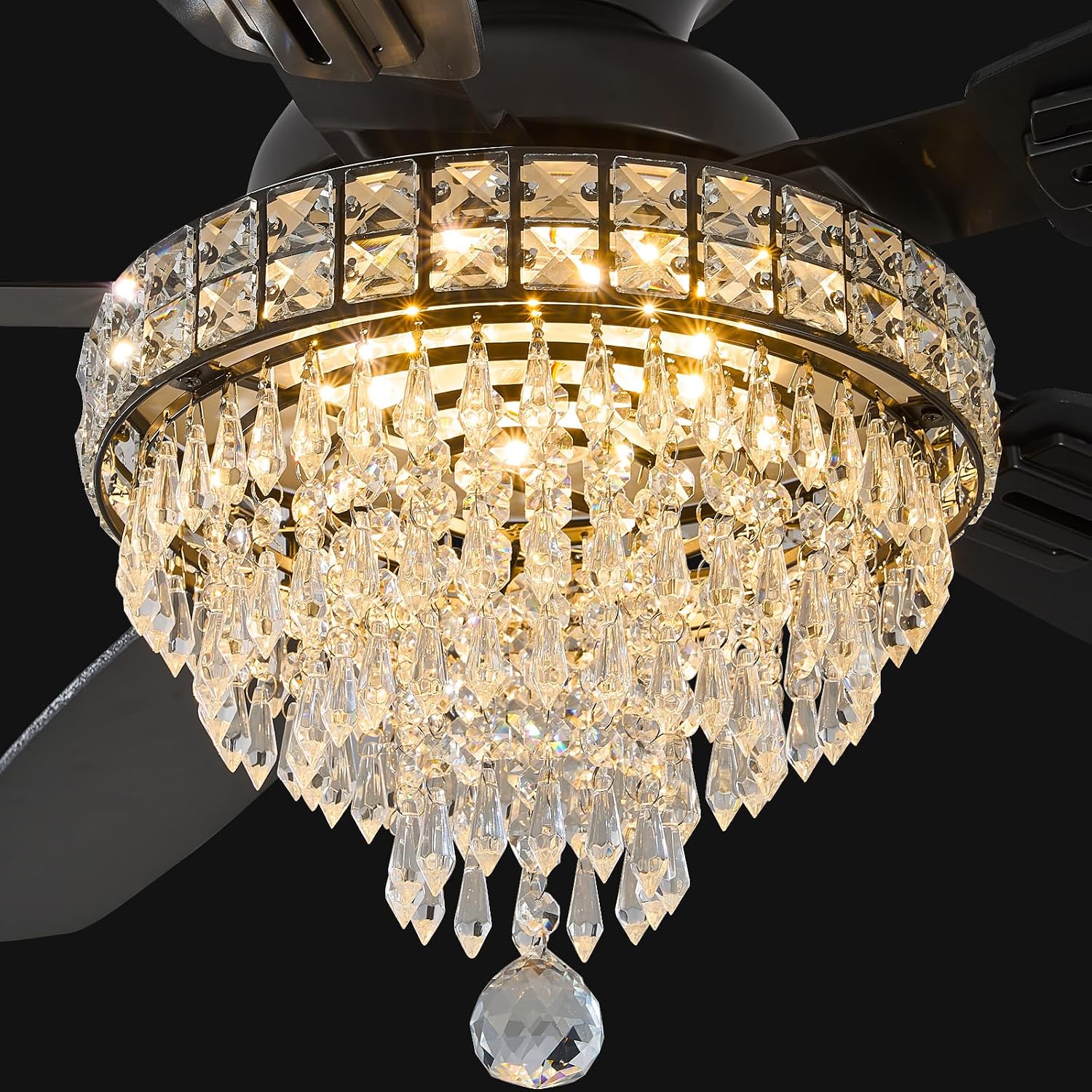 Crystal Ceiling Fan Fandelier with Lights-Ceiling Fans,50' Low Profile and Remote Control, Flush Mount, Reversible, Dimmable, Noiseless, Black Ceiling Fan for Bedroom