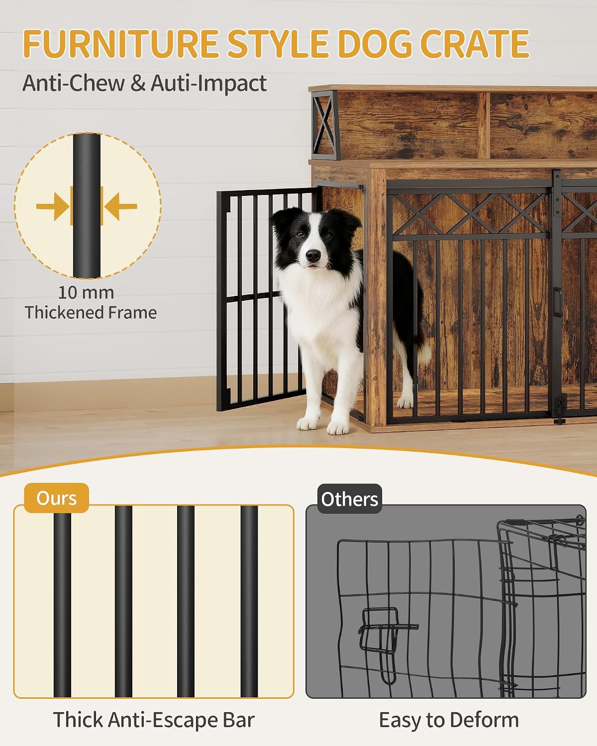 Hzuaneri 39.4'' Dog Crate Furniture, Large Wooden Dog Crate with Storage and 3 Doors, Indoor Kennel for Medium/Large Dogs, End Table with Barn Door, Chew-Proof and Escape-Proof, Rustic Brown DFC87401B