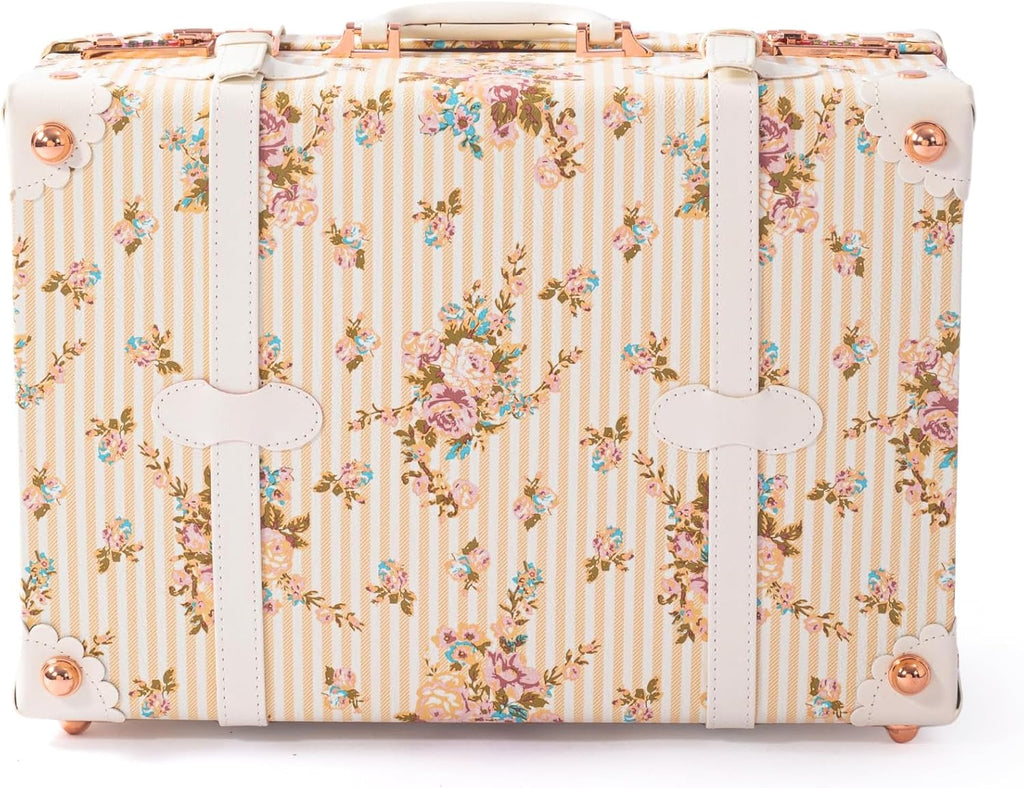 COTRUNKAGE Large 20' Carry On Suitcase Cute Pu Overnight Vintage Trunk Luggage Bag for Women with Combination Locks, Beige Floral