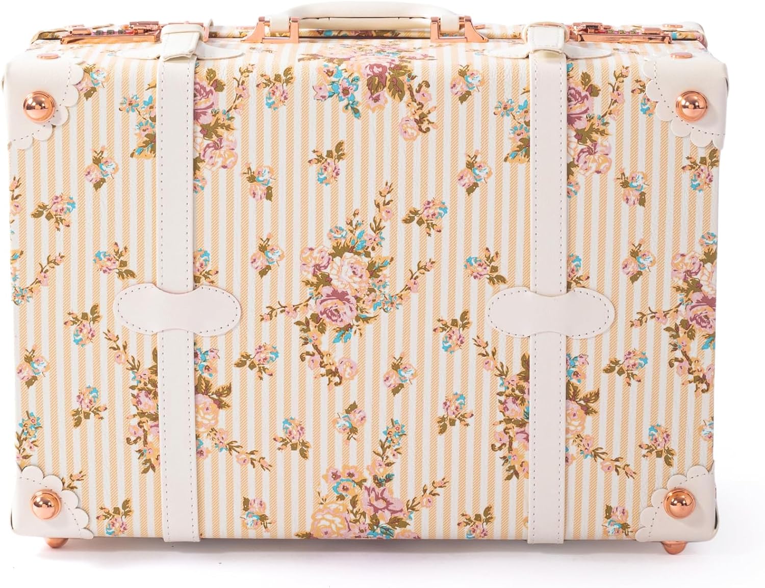 COTRUNKAGE Large 20' Carry On Suitcase Cute Pu Overnight Vintage Trunk Luggage Bag for Women with Combination Locks, Beige Floral