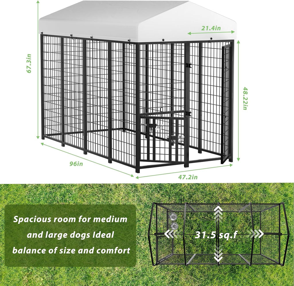 LOVMOR Outdoor Dog Kennel with Roof, Heavy Duty Steel Dog Run Enclosure for Medium Dogs, Waterproof Canopy, Double Latch Door, Adjustable Feeding Bowls, Pet Pen for Yard and Patio, 8'L x 4'W x 5.6'H