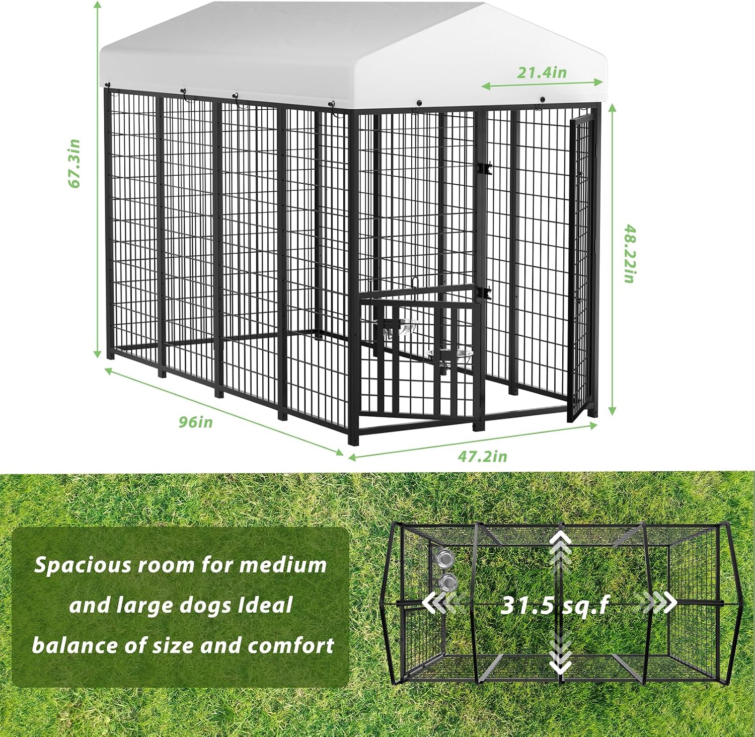 LOVMOR Outdoor Dog Kennel with Roof, Heavy Duty Steel Dog Run Enclosure for Medium Dogs, Waterproof Canopy, Double Latch Door, Adjustable Feeding Bowls, Pet Pen for Yard and Patio, 8'L x 4'W x 5.6'H